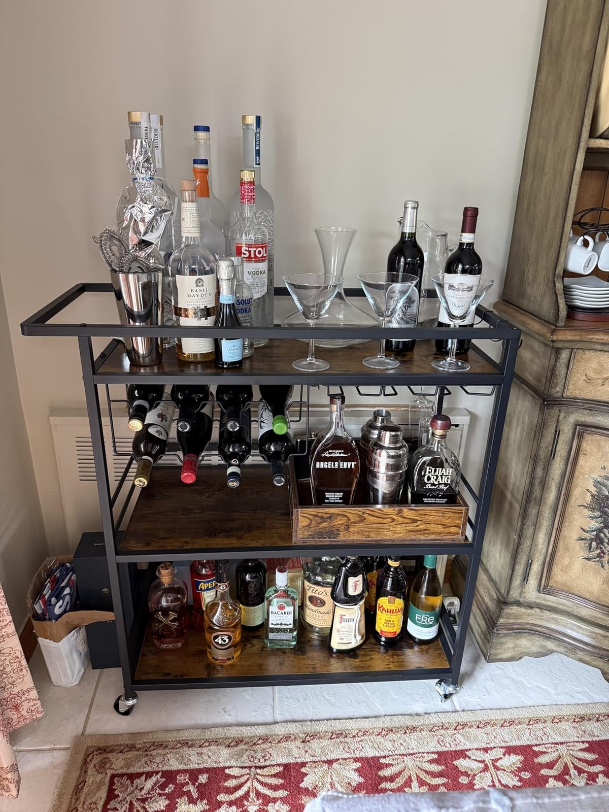 Leteuke Bar Cart for Home, 3 Tier Gold Serving Rolling Carts with Wheels, Drink Cart, Liquor Stand with Marbled Wooden Shelves, Wine Rack and Glass Holder for Kitchen, Dining Room customer photo 2