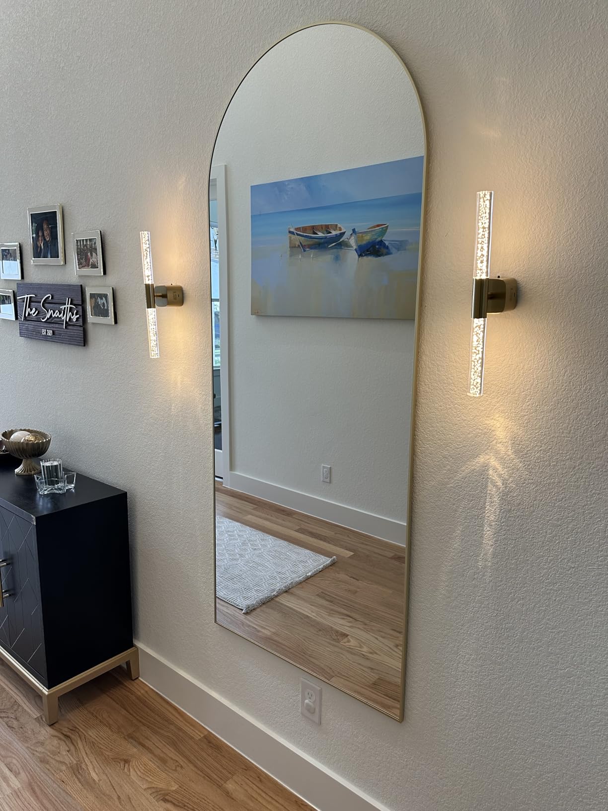 KOMCOTE Full Length Floor Mirror, 91x46 Inch Oversized Arched Standing Mirror in Gold for Bedroom, Living Room, Dressing Room - Elegant Freestanding Leaning Mirror Decor customer photo 2