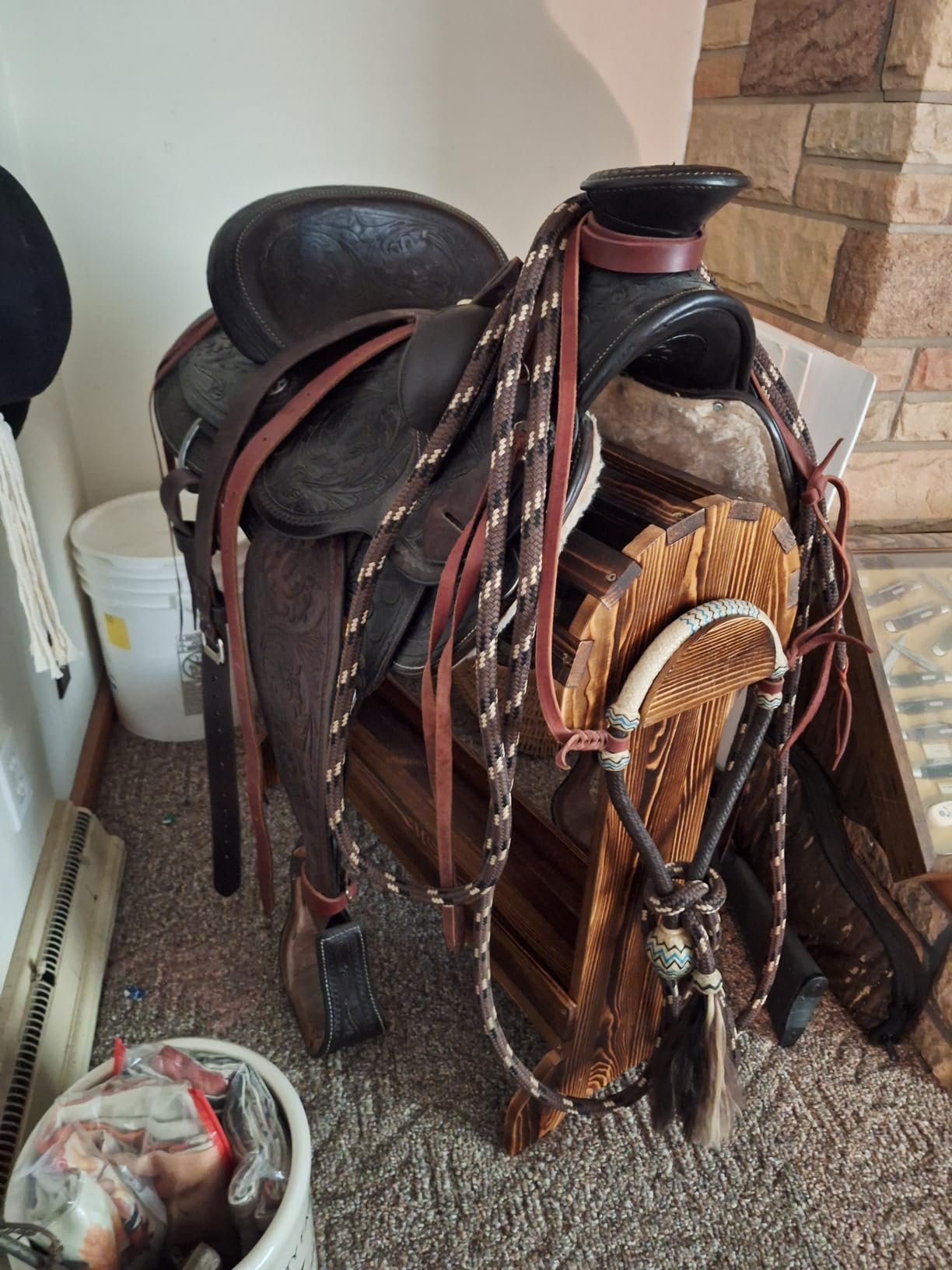 Large Wood Saddle Rack with Curved Top Surface, Bridle Rack & Heavy-Duty Saddle Stand, Suitable for Displaying Trophy Tack at Home, Walnut customer photo 2