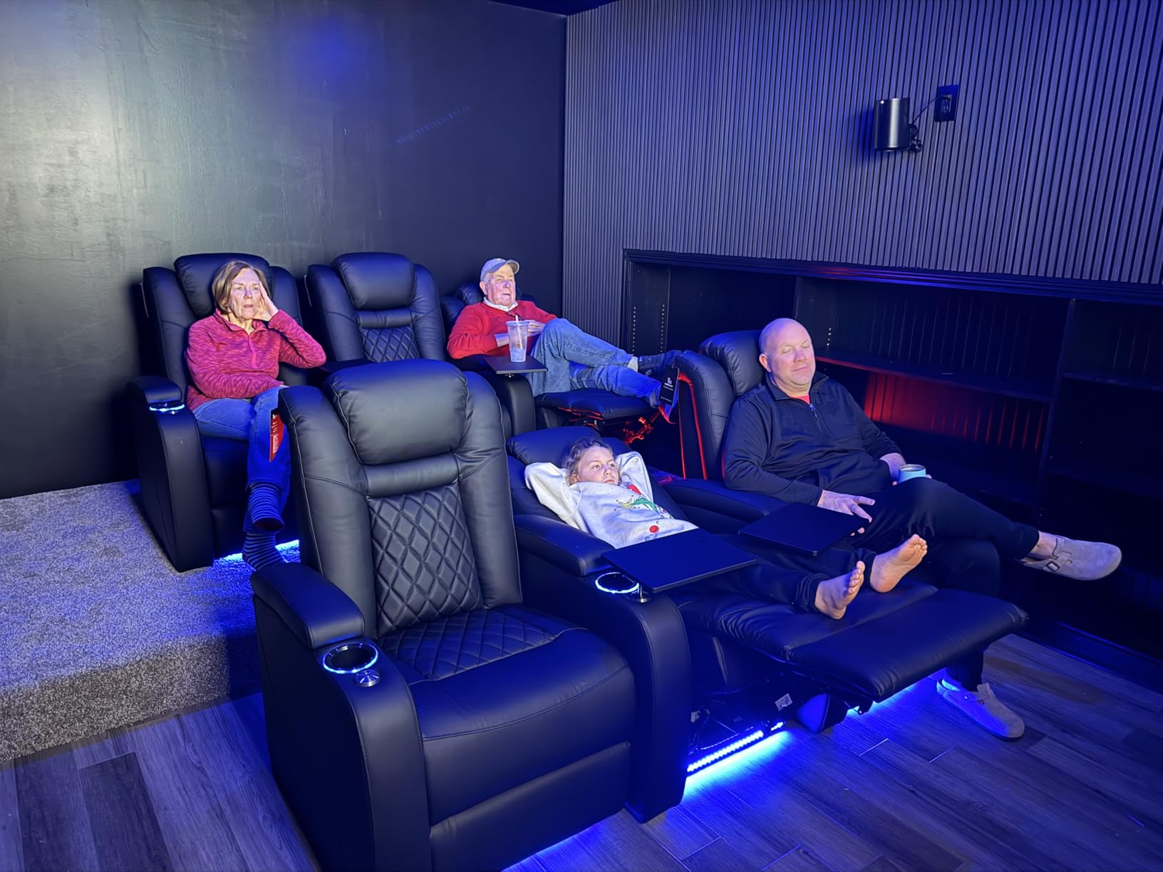 Home Theater Seating, Classic Series Leather Movie Theater Chairs, Power Headrest and Memory with C-Type USB Charger, 7Color Ambient Lighting and Tray Table, Black Power Adjustable Recliner(Row of 4M) customer photo 2