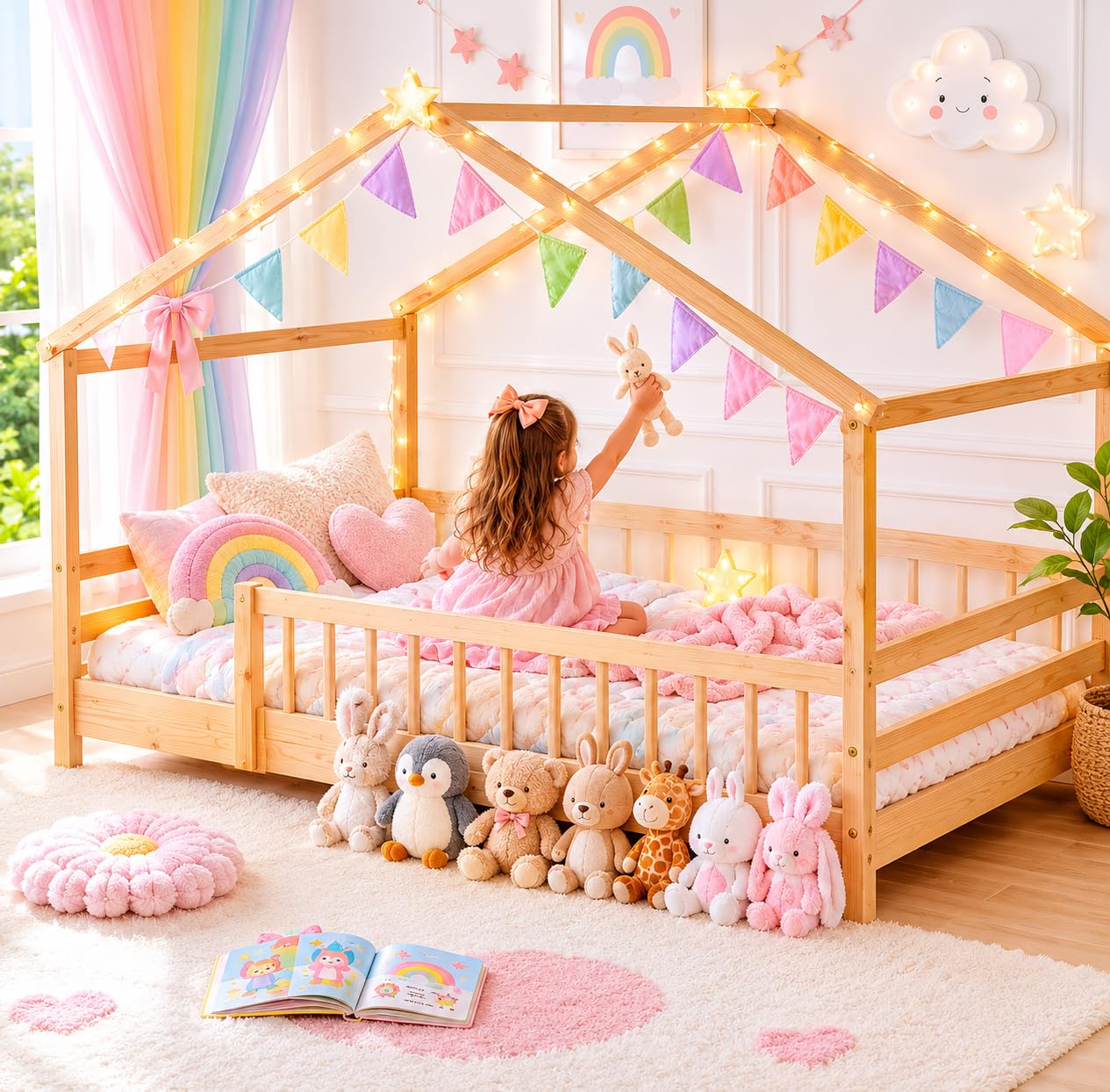Twin House Bed, Montessori Floor Bed with Headboard & Footboard, Solid Wood customer photo 2