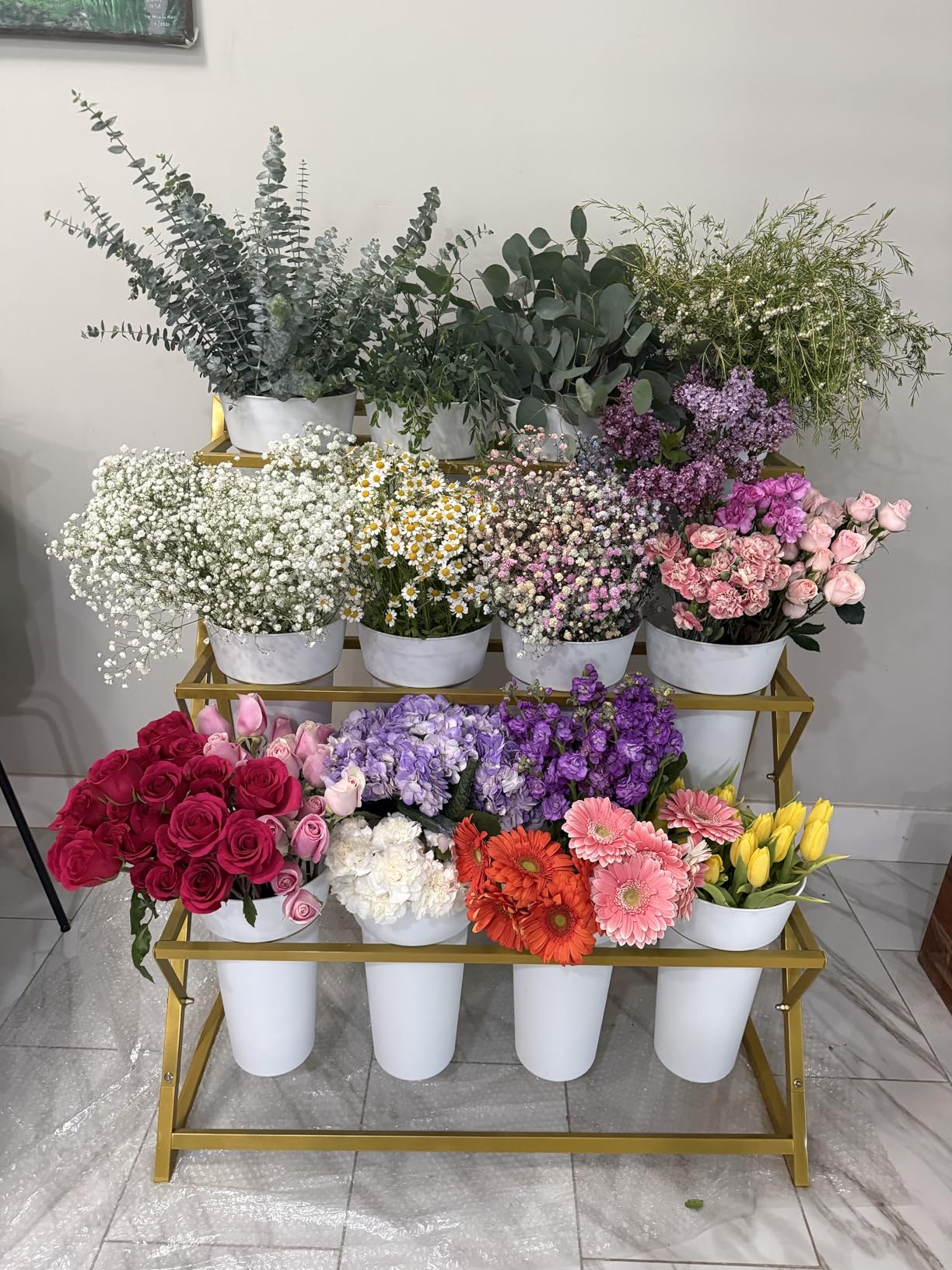 VGMiu Flower Display Stand with 12 Buckets, White Flower Cart with Wheels | 3 Layers Metal Flower Bar Stand Moving Flower Stand Florist Bouquet Shelf for Weddings Party Indoor Outdoor Garden customer photo 2