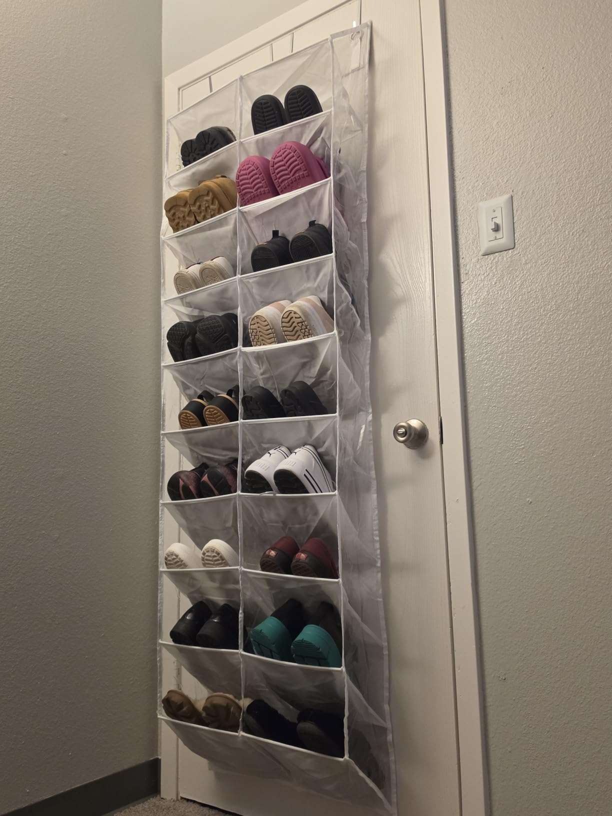 UVIAHOMI 20-30 Pairs Over the Door Shoe Organizer, Clear Pockets Hanging Shoe Storage for Closet, 10-Tier Door Shoes Rack, Hanging Shoes Holder Fit All the Family's Sneakers, Boots, Heels, Black customer photo 1