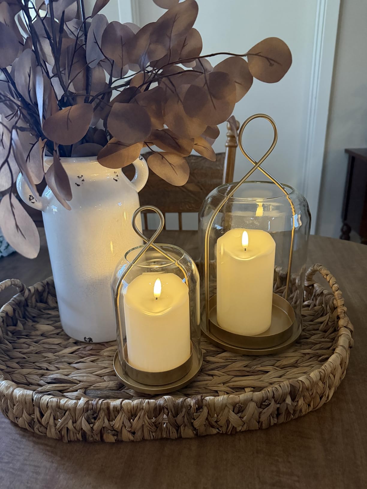 NUPTIO Glass Lanterns Decorative Outdoor, Gold Hurricane Candle Holders, Set of 2 Hanging Lantern for Pillar Candles, Table Centerpiece customer photo 2