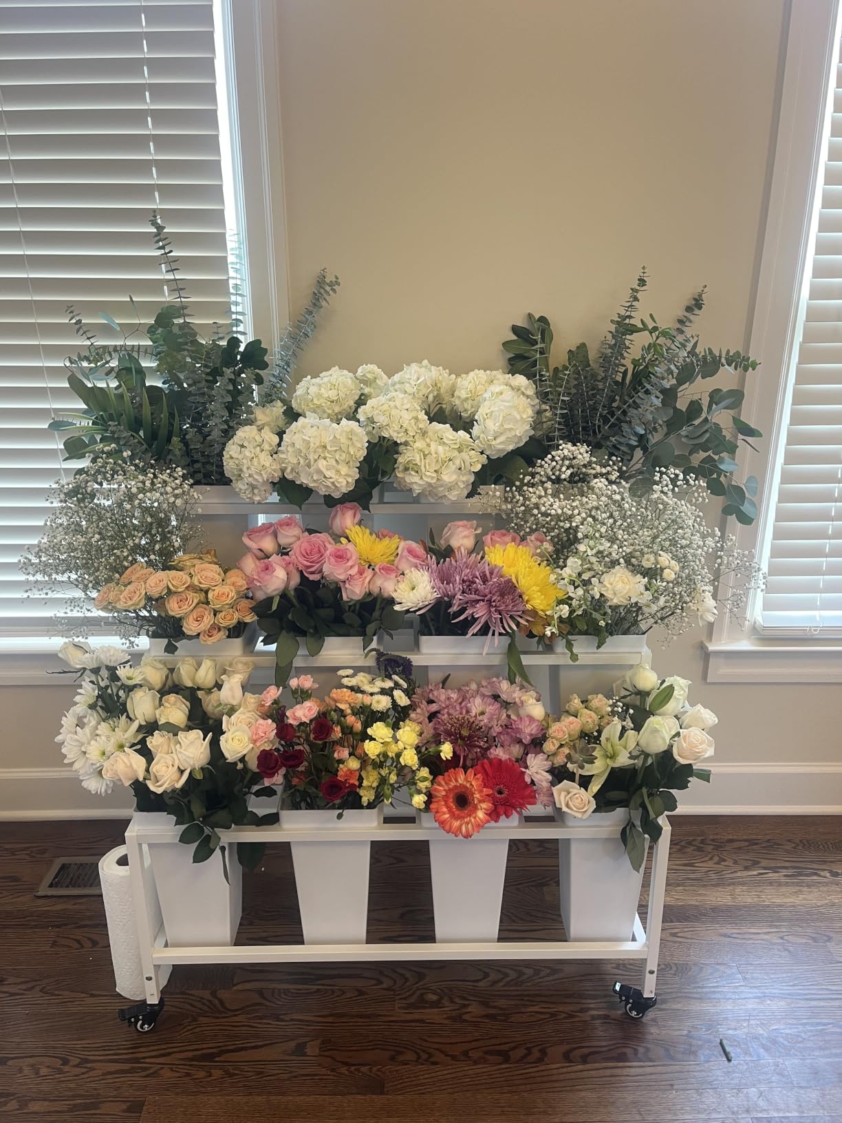 Flower Display Stand with 12 Buckets & Wheels - 3-Tier Mobile Flower Cart, White Metal Flower Bar for Weddings, Florist Shops, Patio, Garden & Home customer photo 1
