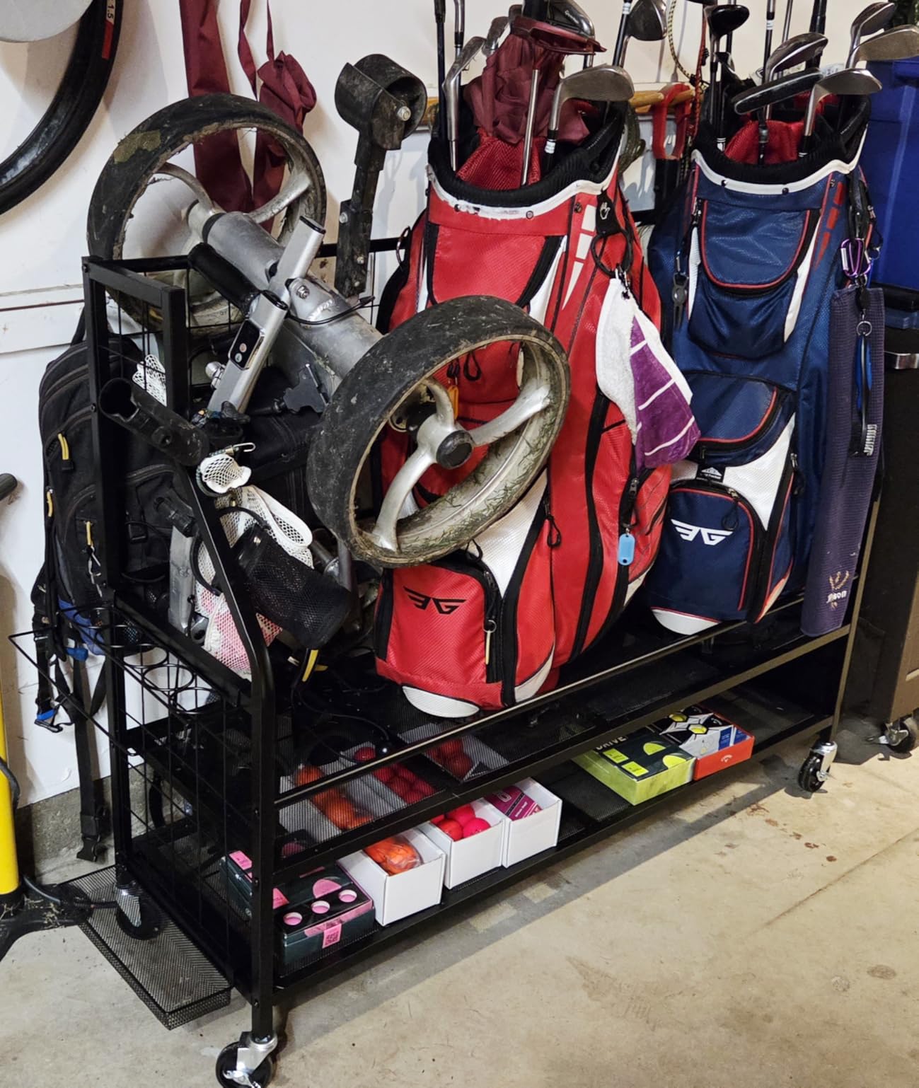 FHXZH Golf Bag Storage Garage Organizer - Golf Bag Stand with Wheels | Holder Golf Clubs, Balls, Shoes, Golf Equipment Accessories, Rolling Storage Rack For Garage, Home, Club, Basement, Shed customer photo 1