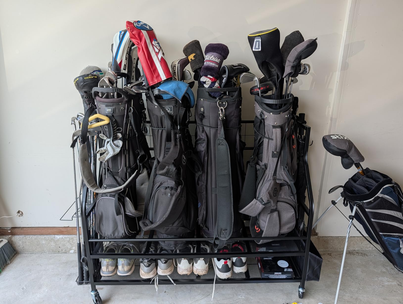 FHXZH Golf Bag Storage Garage Organizer - Golf Bag Stand with Wheels | Holder Golf Clubs, Balls, Shoes, Golf Equipment Accessories, Rolling Storage Rack For Garage, Home, Club, Basement, Shed customer photo 2