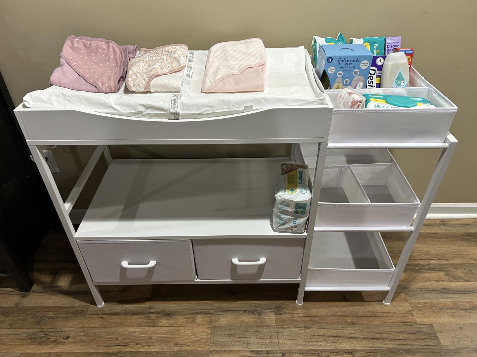 Baby Changing Table with Storage, Heavy-Duty Diaper Changing Station, White Nursery Dresser Organizer with 2 Large Fabric Baby Drawers, 3 Diaper Caddy Bin & Wood Shelf, Kids & Baby Bedroom Furniture customer photo 1