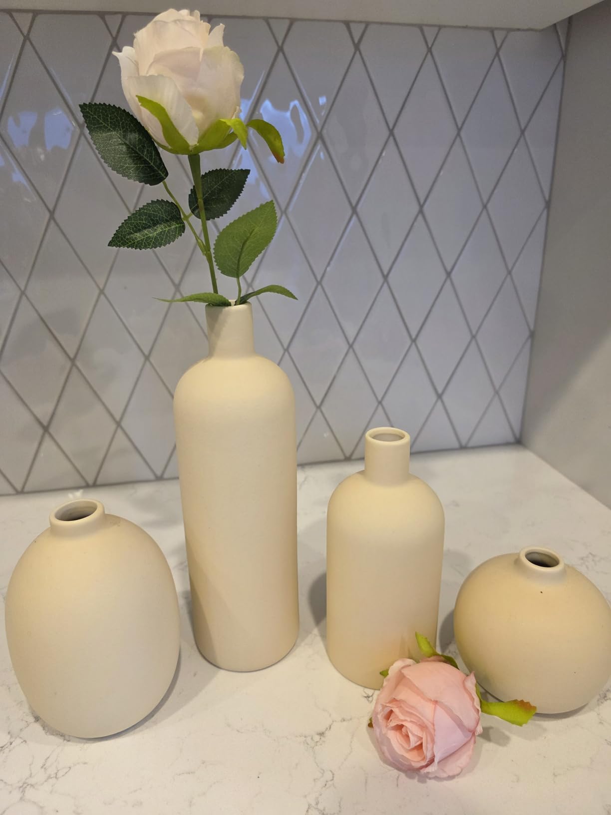 Neutral Ceramic Vase Set of 4, Modern Colors Home Decor, Rustic Farmhouse Decorative Flowers Vases for Bouquet, Pampas | Table Mantel Centerpiece Bookshelf Living Room Bedroom (Neutral Mix Set of 4) customer photo 2