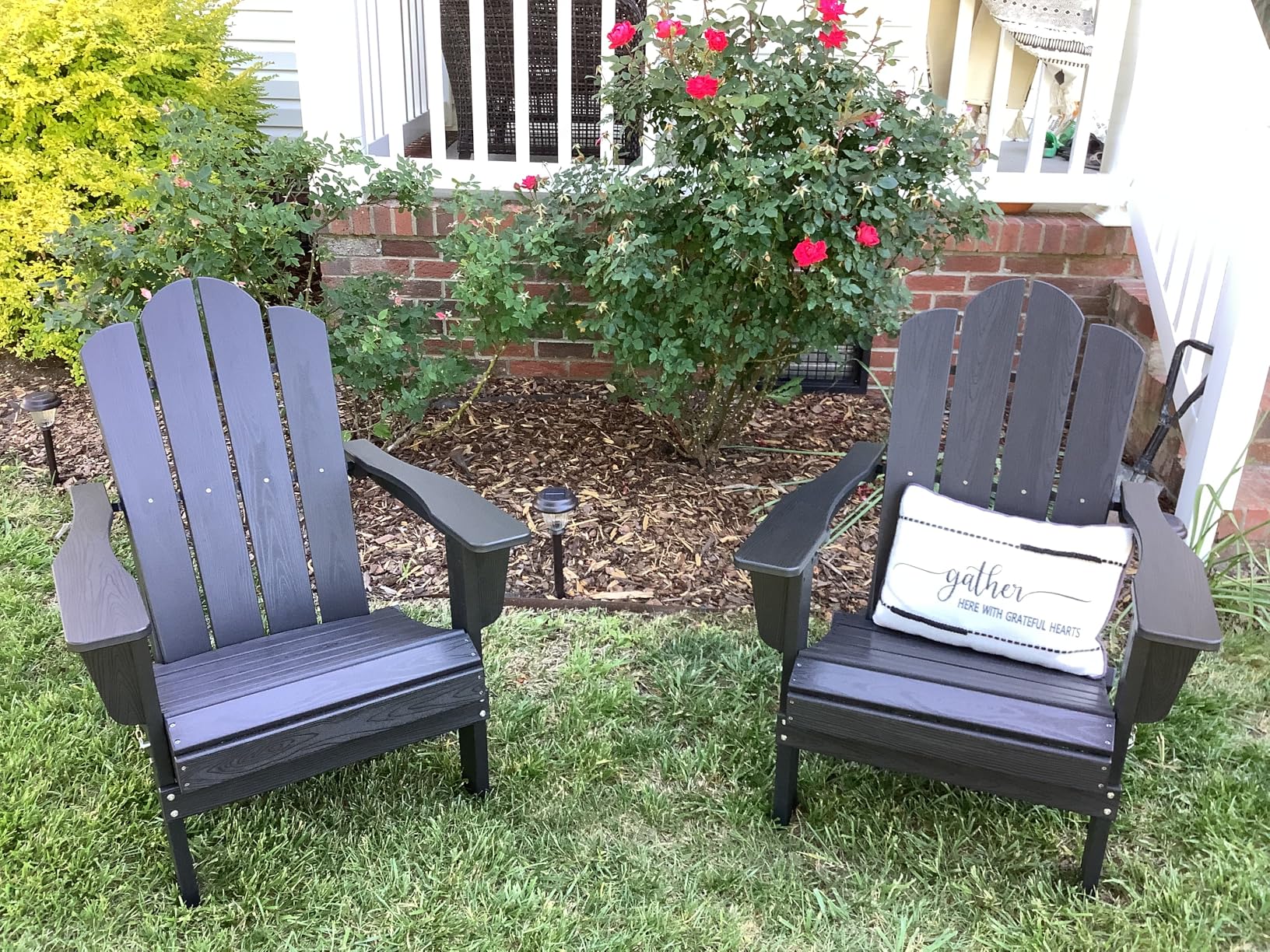 KINGYES Folding Adirondack Chair Set of 2, HDPE All-Weather Patio Chairs with Cup Holder, Wooden Textured Fire Pit Chairs for Poolside, Backyard, Deck, Navy customer photo 1