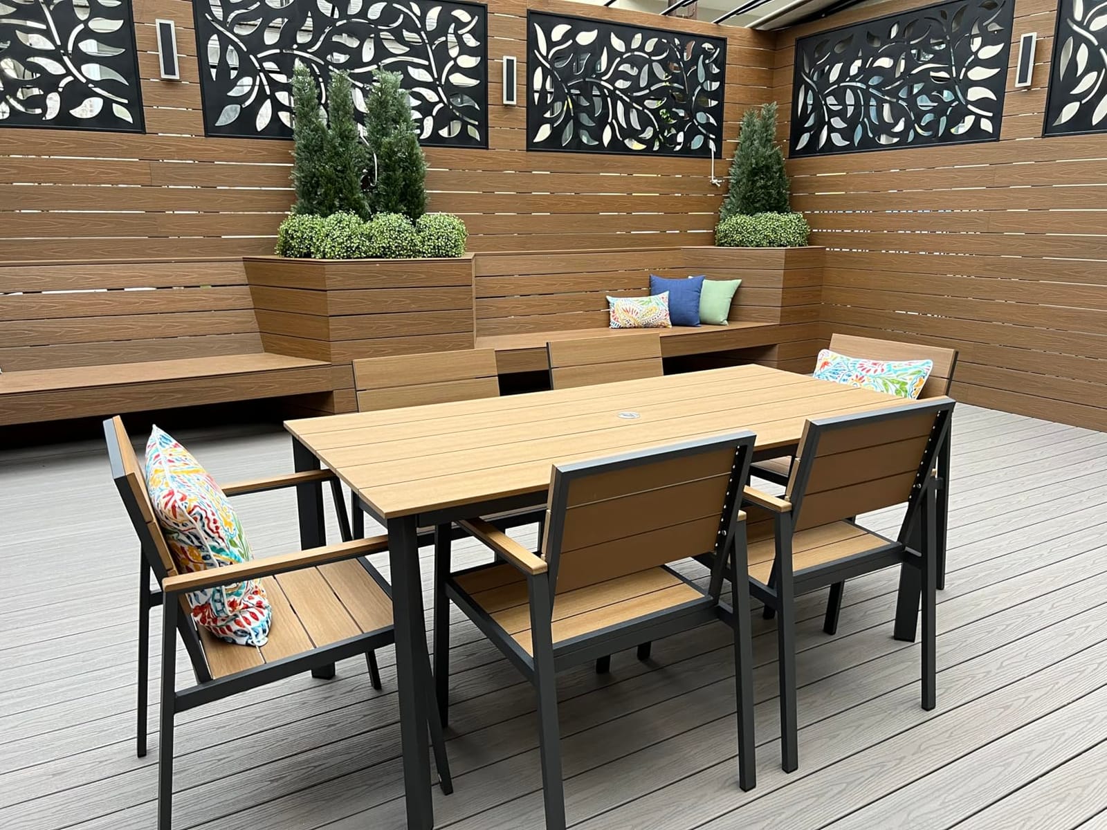 Outdoor Dining Set, Aluminum Patio HDPS Outdooor Table and Chairs Set with Umbrella Hole, All Weather Patio Furniture Set, Patio Dining Table Set ,Gray & Teak ,7 Pieces customer photo 2