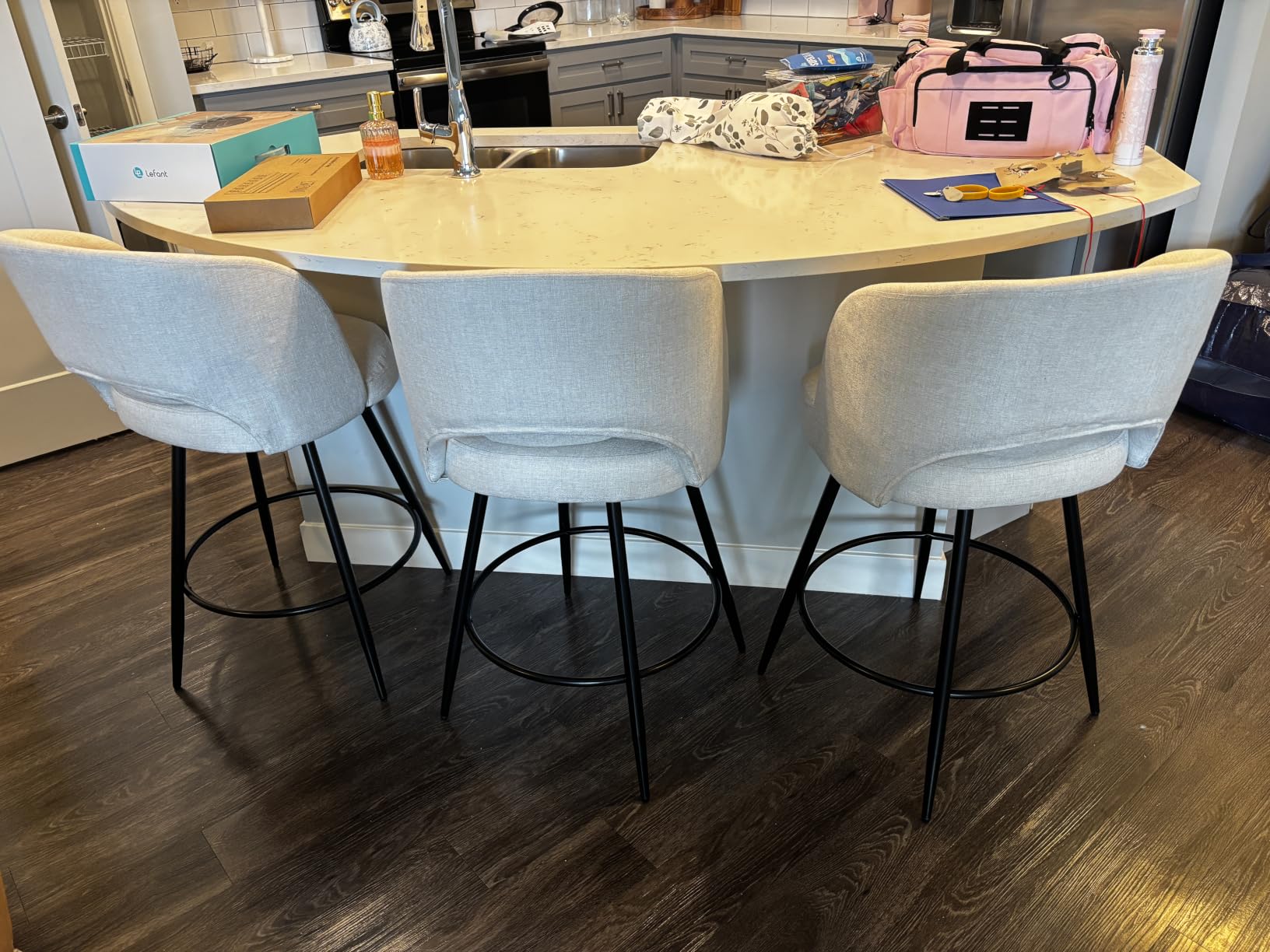 LUE BONA 26''H Swivel Bar Stools Set of 3, Counter Height Bar Stools with Backs, Lumbar Pillow and Black Metal Frames, Upholstered Modern Barstools for Kitchen Island, Linen Fabric customer photo 1