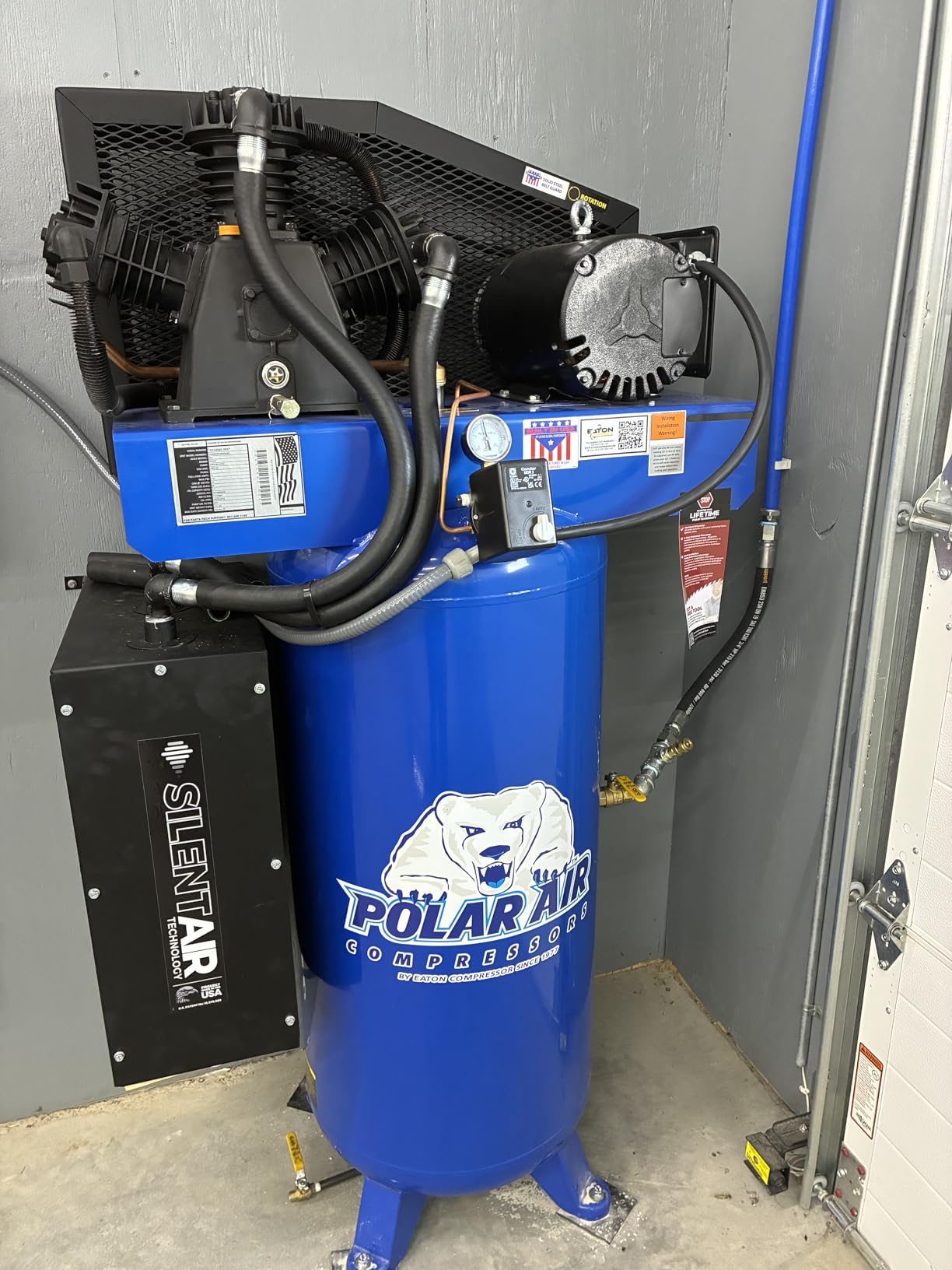 Industrial 3-Cylinder Silent Air Compressor, 5HP 60Gal 19CFM 230V | Vertical 2-Stage, Single Phase, Splash Lube Pump & Isolator Pads, Energy Efficient, Assembled in the USA customer photo 2