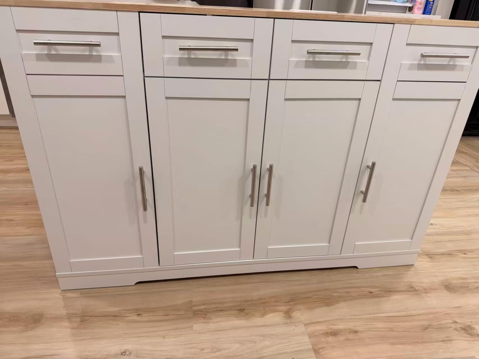 Dripex 53'' Rolling Kitchen Island with Power Outlet, Drop Leaf & Trash Can | Kitchen Island with Storage, Island Cart on Wheels with Solid Wood Top, 4 Drawers, Open Shelves customer photo 2