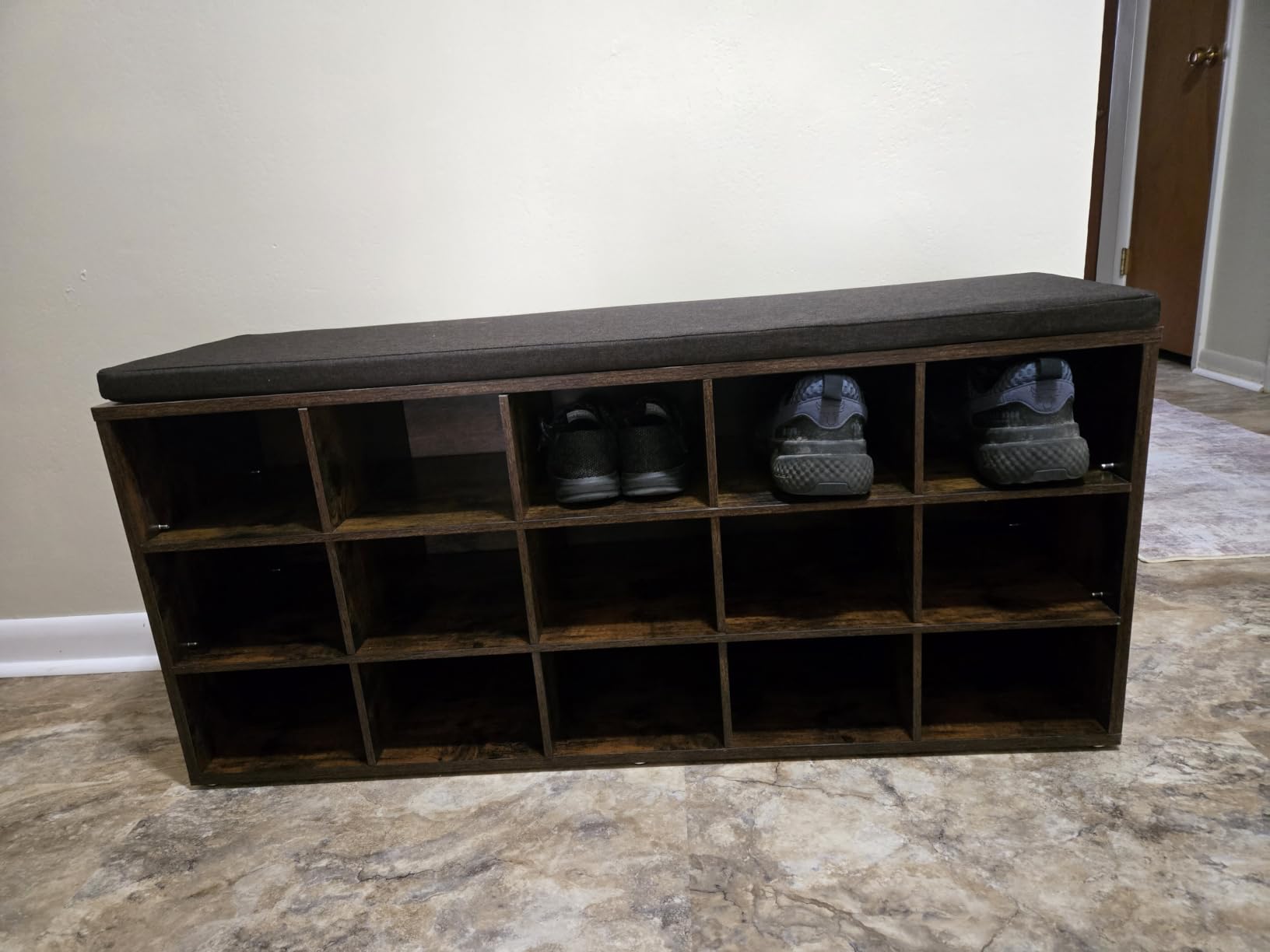 VASAGLE CUSTOS Collection - Shoe Bench, Storage Bench with Padded Seat, Entryway Bench with 20 Compartments, for Bedroom, 12 x 47.2 x 24.7 Inches, Cloud White and Dove Gray ULHS045WB01 customer photo 2