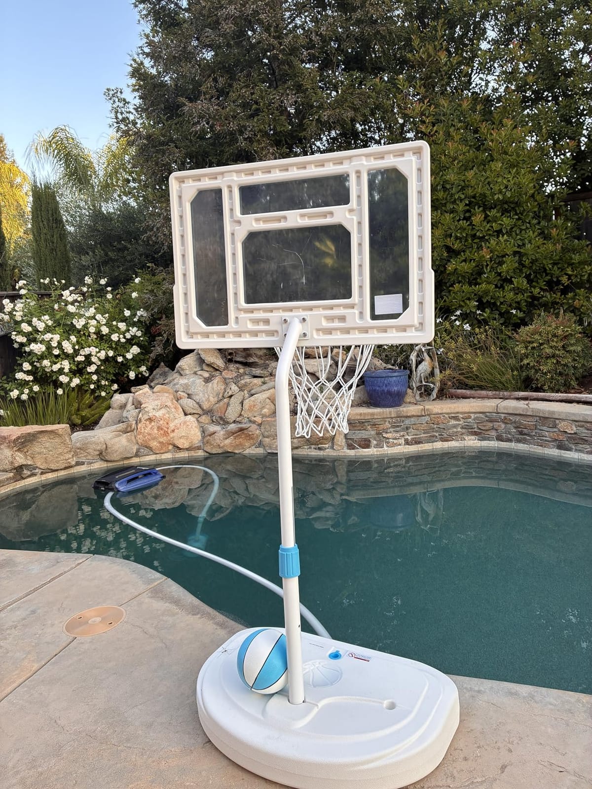 Stainless Steel Pool Basketball Hoop Poolside, Adjustable Swimming Pool Basketball Goal with 32 Inch Shatterproof Backboard, Poolside Water Basketball Hoop, 2 Balls & Pump Included (32in Pool Hoop) customer photo 1
