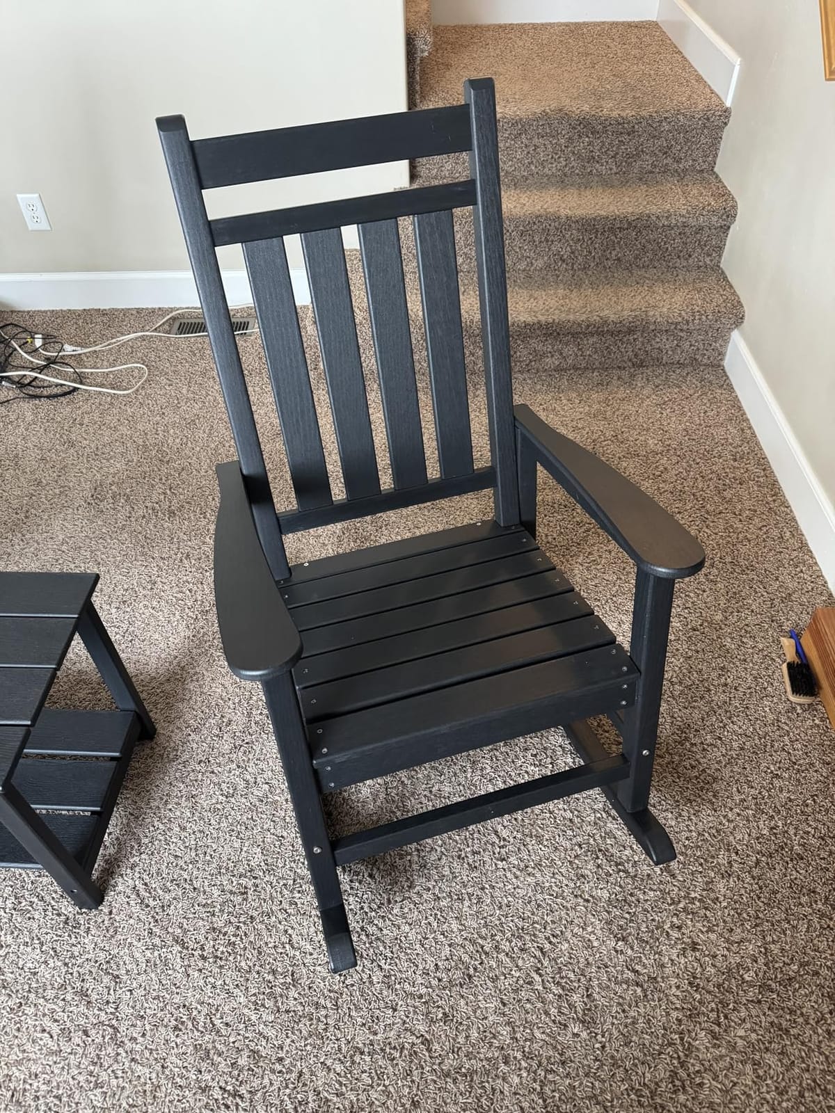 HDPE Rocking Chair Outdoor Set of 2 with Side Table, High Back Rocker | All Weather Resistant & Wood Textured Furniture for Patio Front Porch - Black customer photo 2