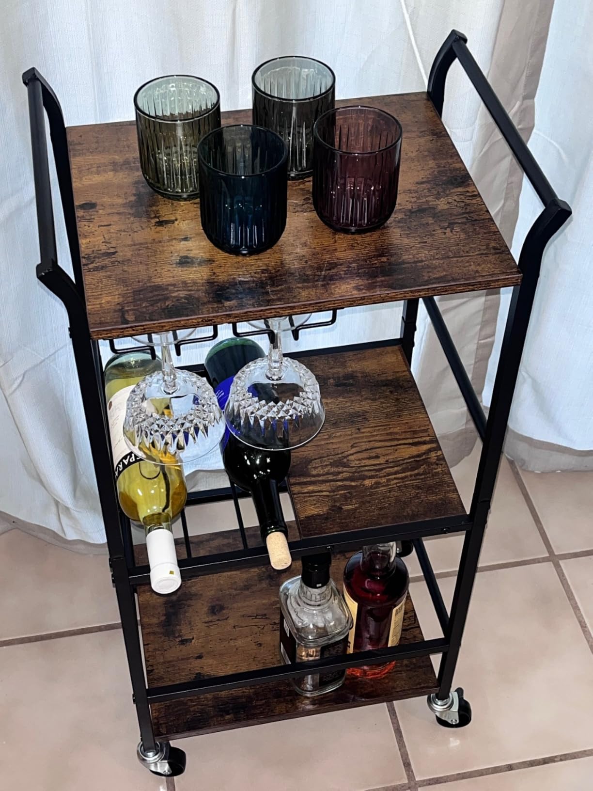 VASAGLE 3-Tier Bar Cart, Steel Serving Cart on Wheels with Wine Rack and Glass Holder, 25.4 x 12.6 x 33.7 Inches, Rustic Brown, for Kitchen and Living Room, Barnet Collection customer photo 2