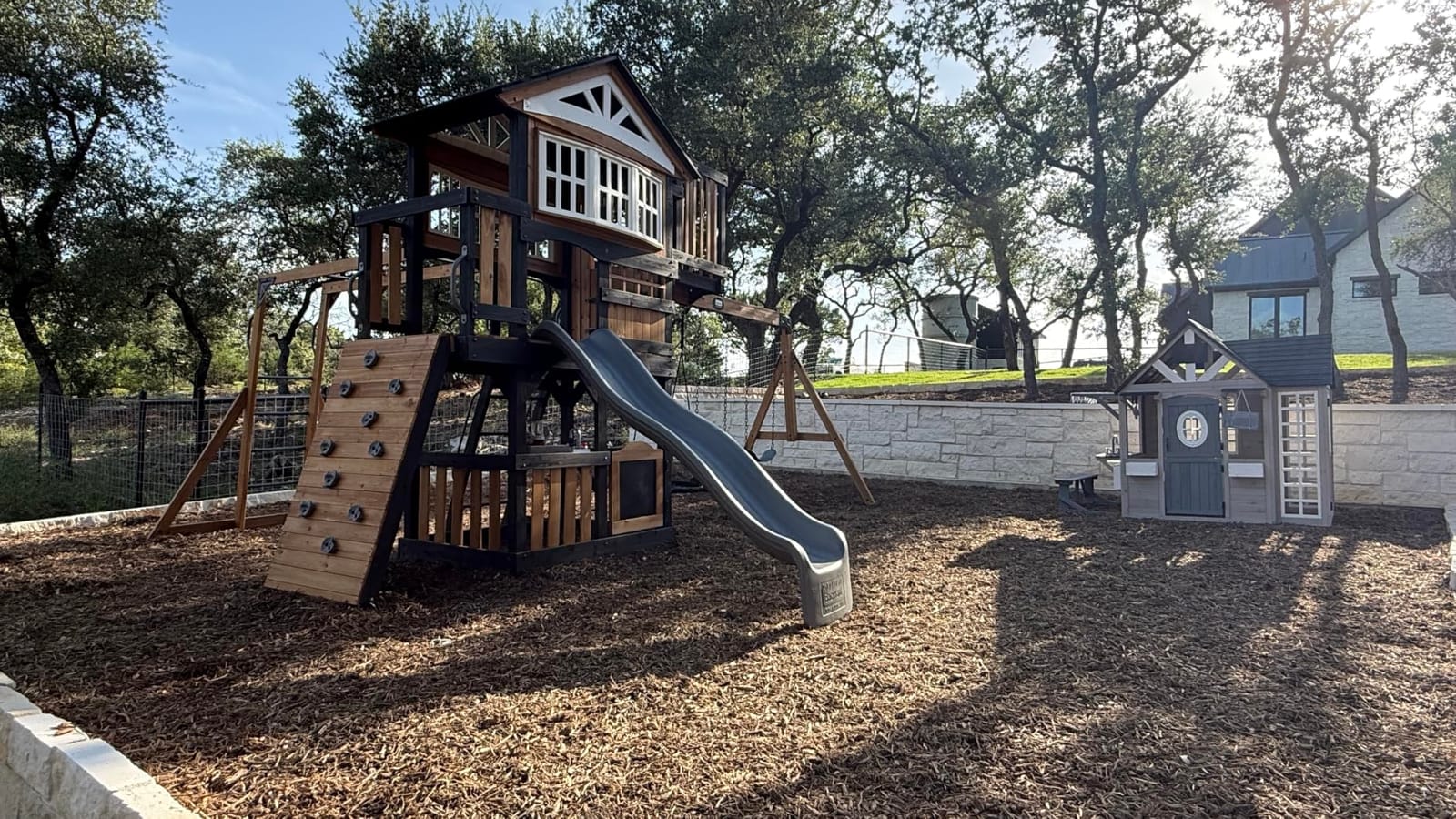 Backyard Discovery Rosewood Falls Cedar Wood Swing Set with Monkey Bars, Clubhouse, Crow's Nest, Play Kitchen, Wave Slide, Rock Wall, Belt Swings, Web Swing, Half Door, Chalkboard, Outdoor Playset customer photo 2