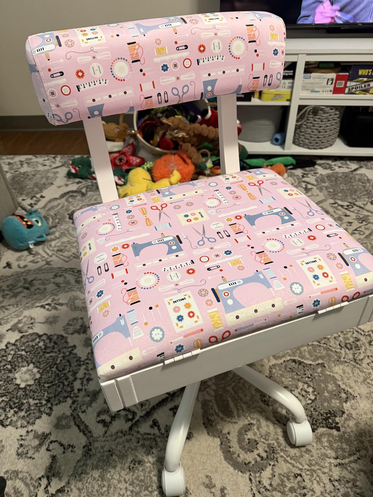 Lessmore Adjustable Height Sewing and Crafting Chair with Wheels, Back Support, and Under Seat Storage - Pattern-Blue customer photo 1