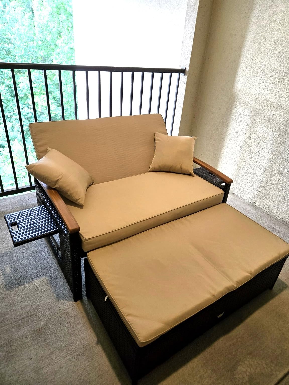 COSTWAY Patio Rattan Daybed, Outdoor Loveseat Sofa with Storage Ottoman, 4-Level Adjustable Backrest & Acacia Wood Armrest, Outdoor Wicker Daybed with Side Panels for Yard, Deck, Poolside (Black) customer photo 1