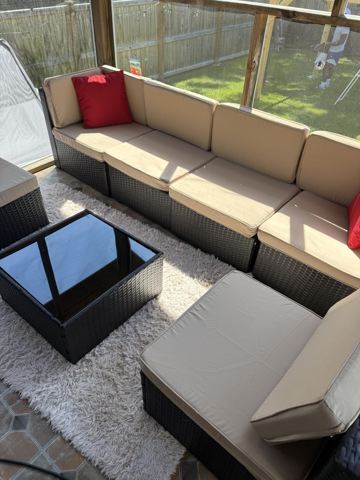 Shintenchi 7 Pieces Patio Furniture Sets Outdoor All-Weather Sectional Patio Sofa Set PE Rattan Manual Weaving Wicker Patio Conversation Set with Glass Table&Ottoman Cushion and Red Pillows, Beige customer photo 2