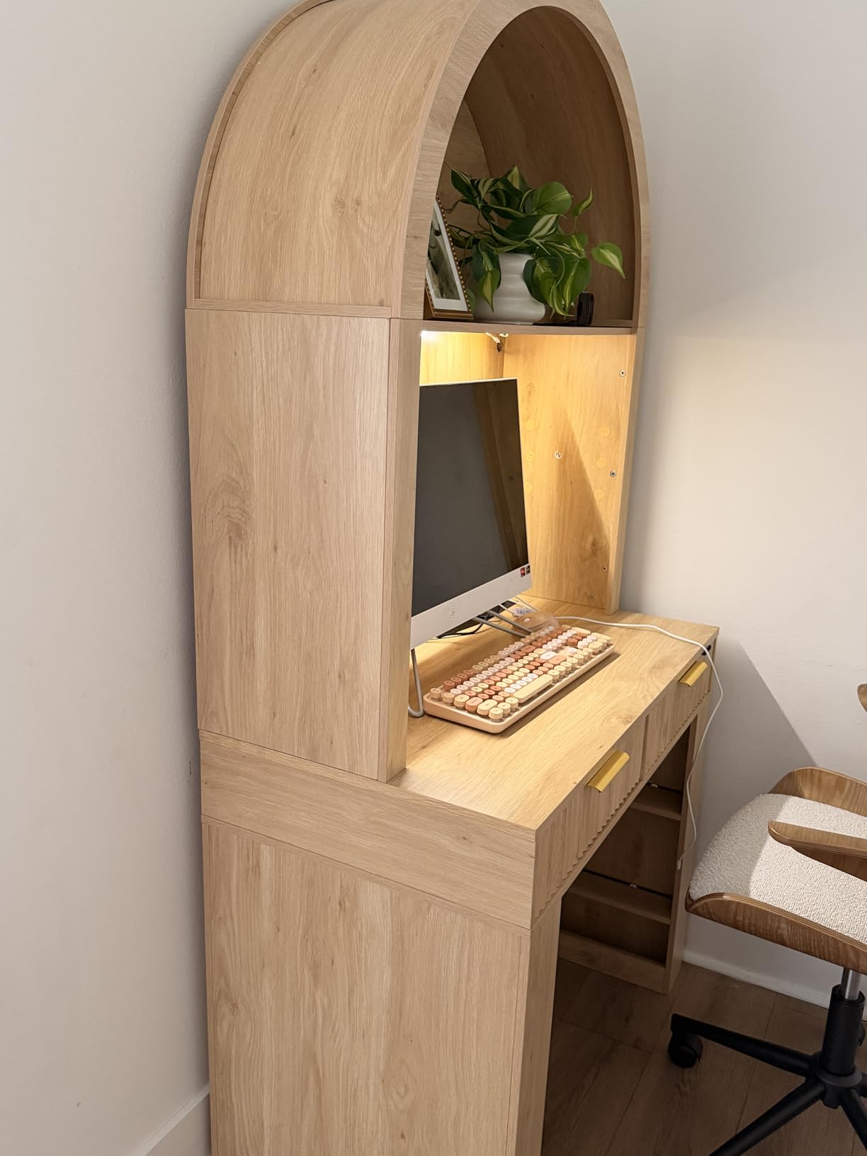 Arched Writing Desk with Hutch, Home Office Desk with 2 Fluted Drawers, Secretary Desk with Outlets, LED Lights, Bookshelves, Wood Computer Desk for Small Space, Bedroom 35.4