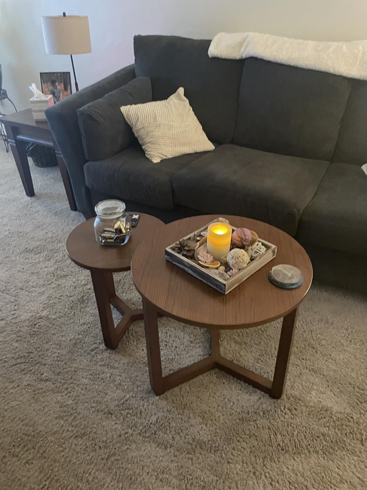 GIANTEX Round Nesting Coffee Table Set of 2, Wood End Tables, Walnut | Solid Rubber Wood Legs, Thickened Top, Farmhouse Sofa Side Table for Small Spaces Living Room Bedroom customer photo 2