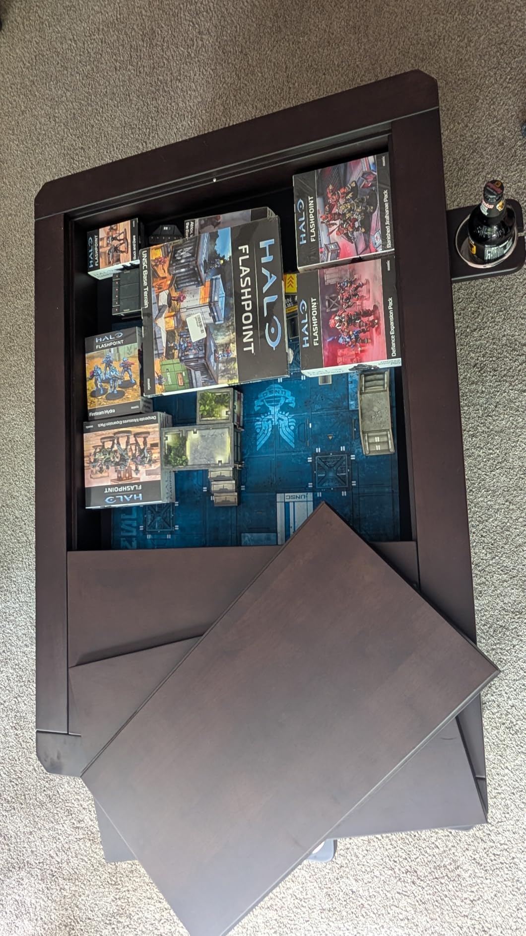 Solid Wood Board Game Coffee Table with Removable Top, 3-in-1 Gaming and Dining Table Includes Play Mat & Detachable Cup Holders, 48