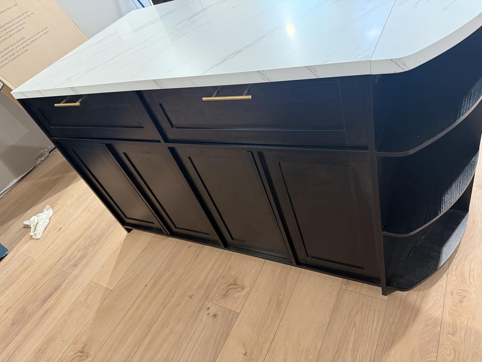 HSH 63 Inch Large Kitchen Island with Storage and Seating, Light Oak | Stationary Island Table with Storage Drawers, Cabinets, 3 Oval Open Shelves customer photo 1
