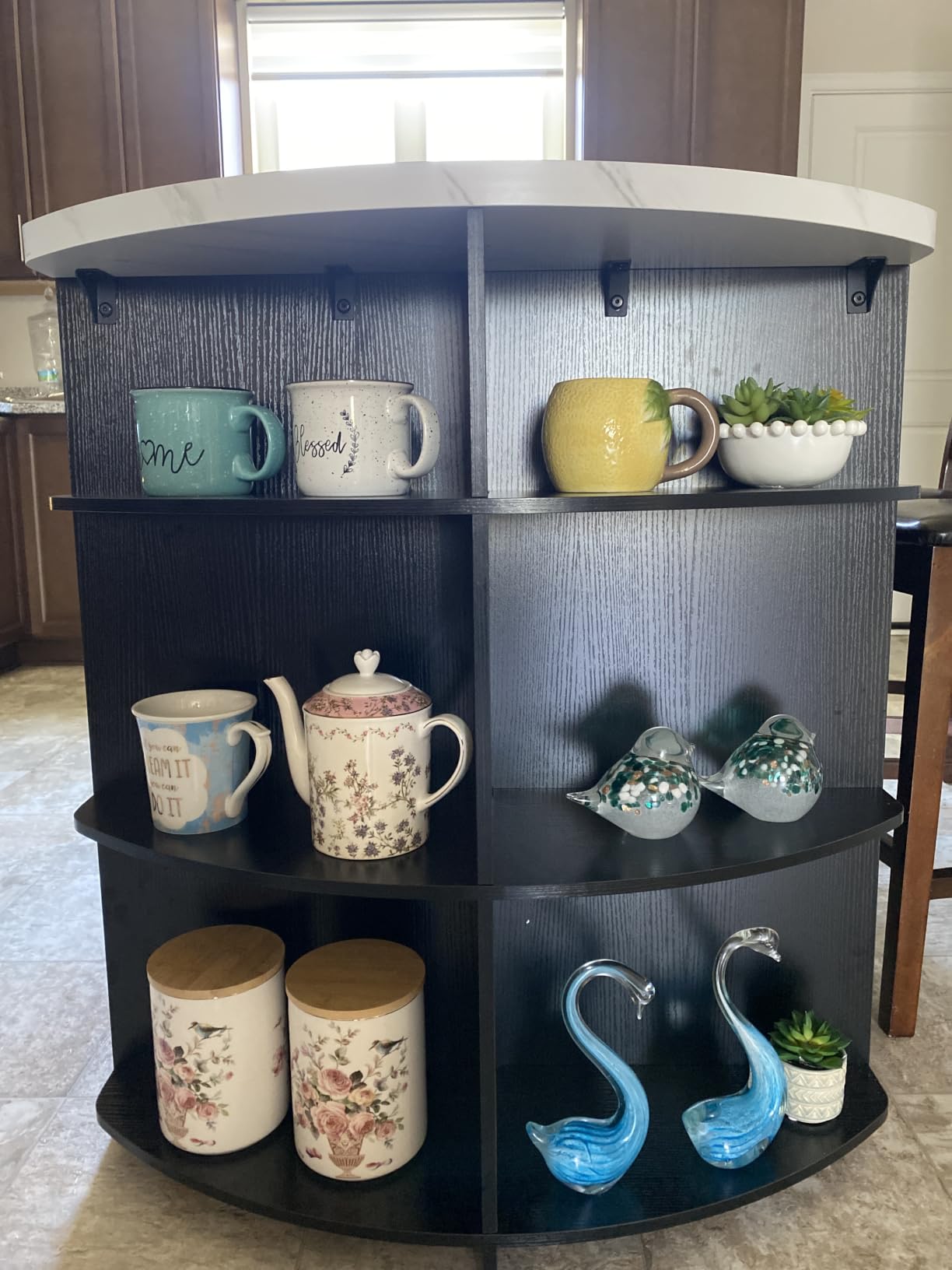 HSH 63 Inch Large Kitchen Island with Storage and Seating, Light Oak | Stationary Island Table with Storage Drawers, Cabinets, 3 Oval Open Shelves customer photo 2