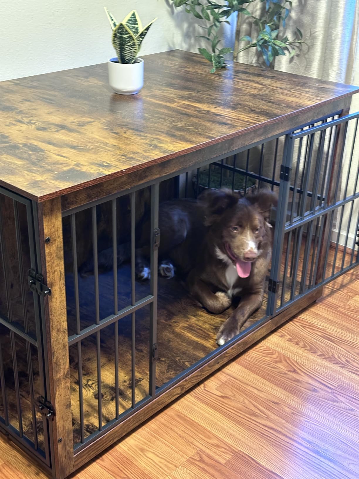 Feandrea Wooden Dog Crate Furniture, 48 Inches Heavy-Duty Kennel for Dogs up to 110 lb, with Double Doors and Enclosed Wood Base, Modern Pet Cage End Table Indoor, Rustic Brown customer photo 1