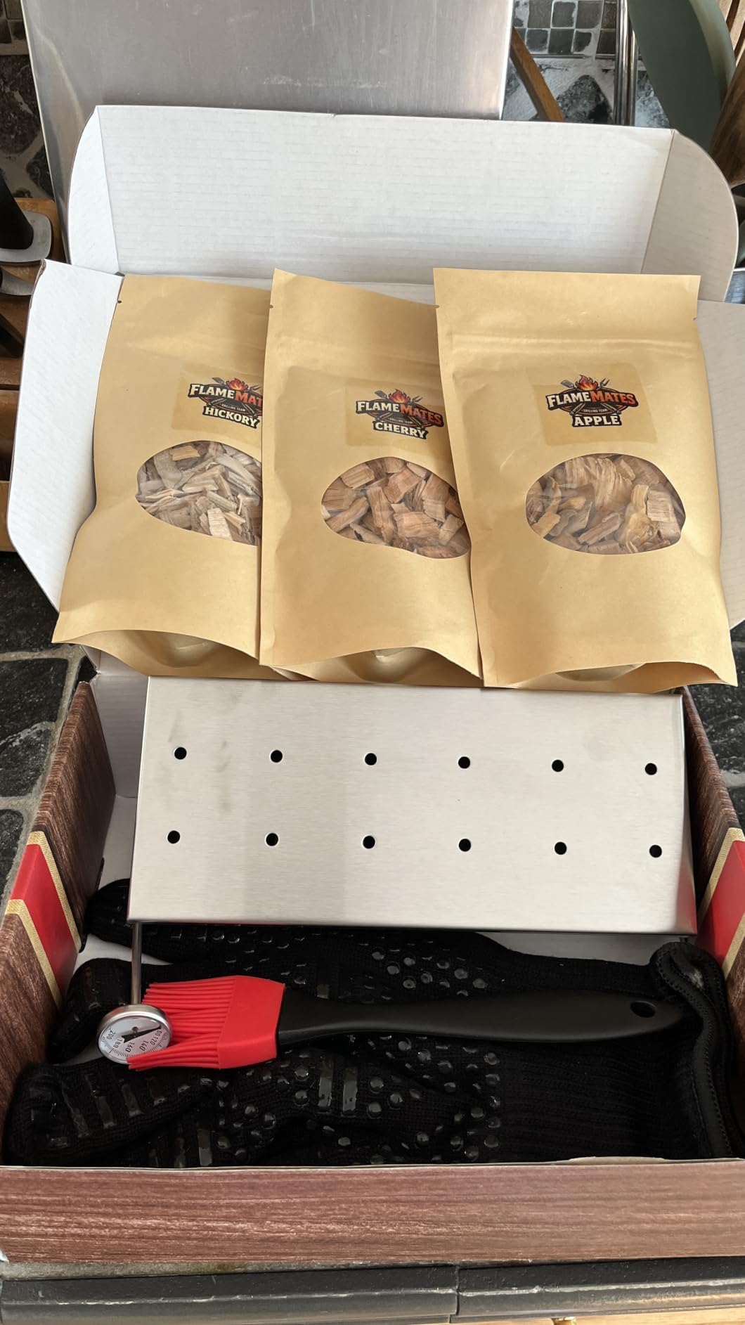 Deluxe BBQ Smoker Kit with Grilling Accessories | Includes Smoker Box, Basting Brush, Meat Thermometer, Heat-Resistant Glove, Instruction Manual, & 3 oz Hickory, Cherry & Apple Wood Chips customer photo 1