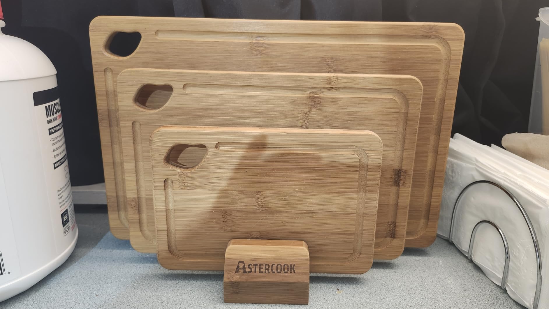 Astercook Nature Bamboo Cutting Boards for Kitchen with Wood Storage Stand, Reversible Charcuterie & Chopping Boards with Juice Grooves and Easy-Grip Handles customer photo 1