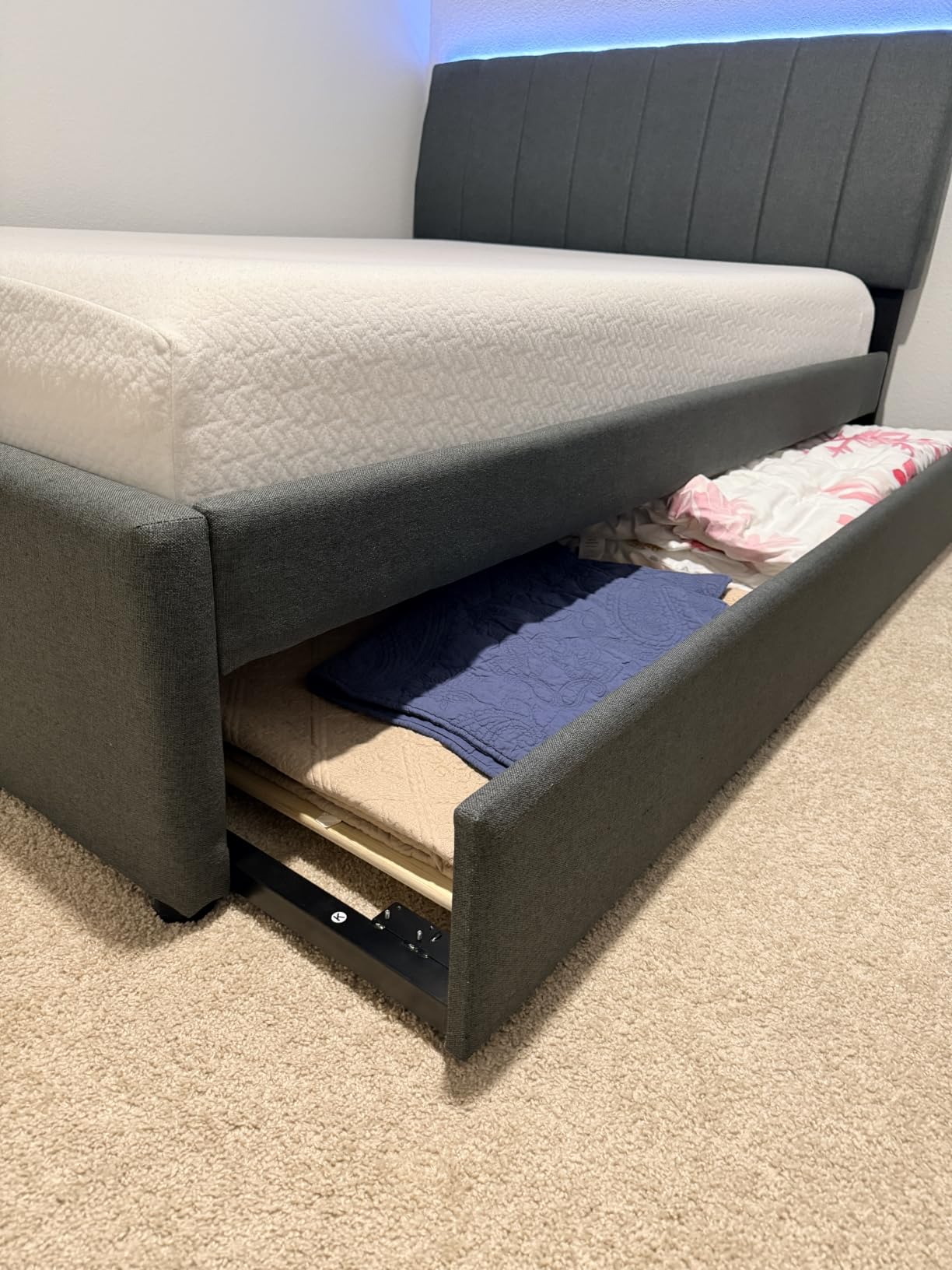Full Size Upholstered Platform Bed with Pull-Out Trundle Bed | Twin Size Trundle, LED Lighting Controlled by APP, USB+Type-C Charging Ports, Linen Upholstered Bed Frame, Dark Grey customer photo 2