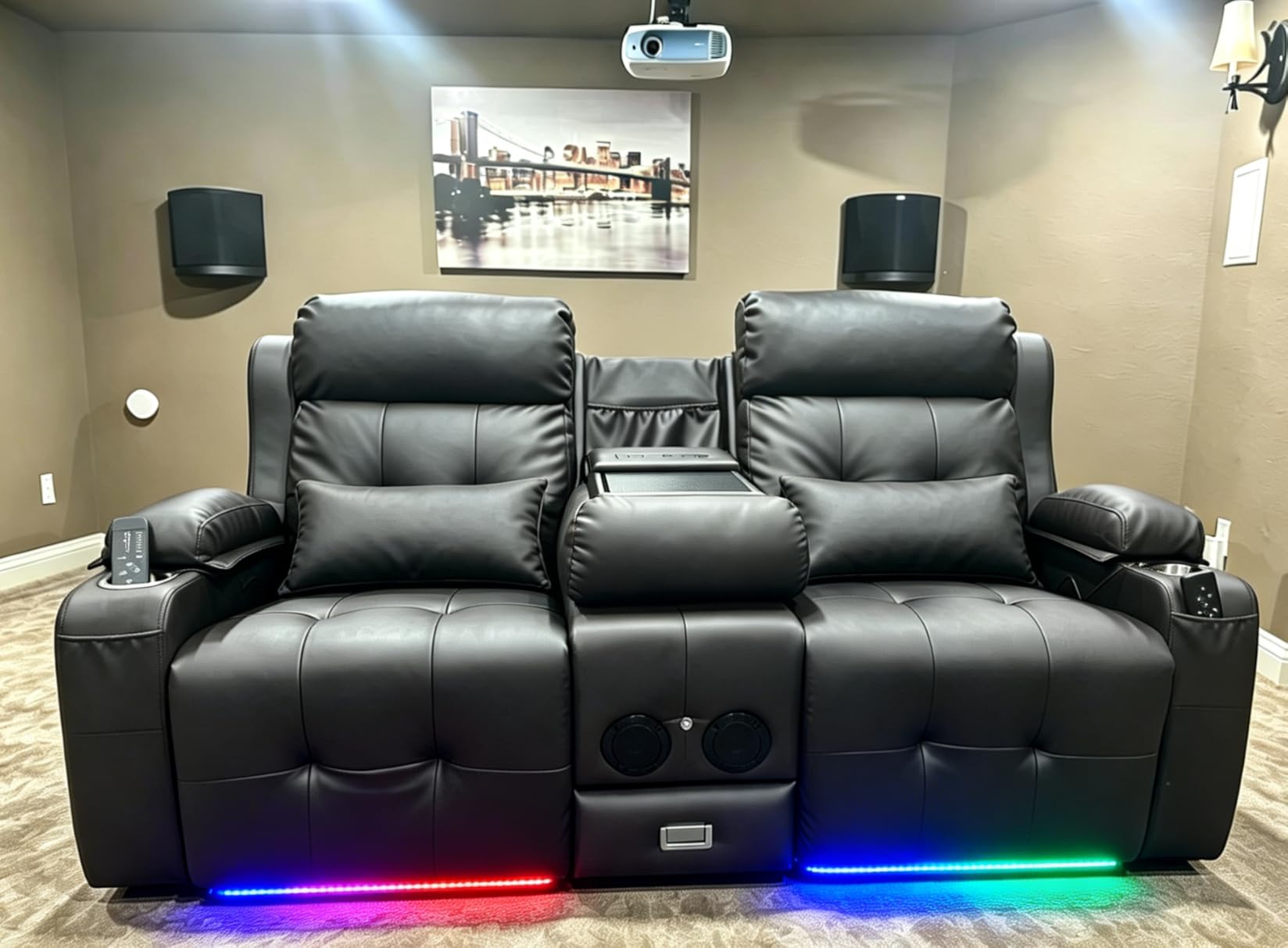 Home Theater Seating, 3 Seat Power Loveseat Recliner Sofa with Heat Massage | Wall Hugger Reclining Loveseat with USB, RV Couch with LED Lights, Flip Backrest, Cup Holders for Movie Theater, Gaming Room customer photo 1