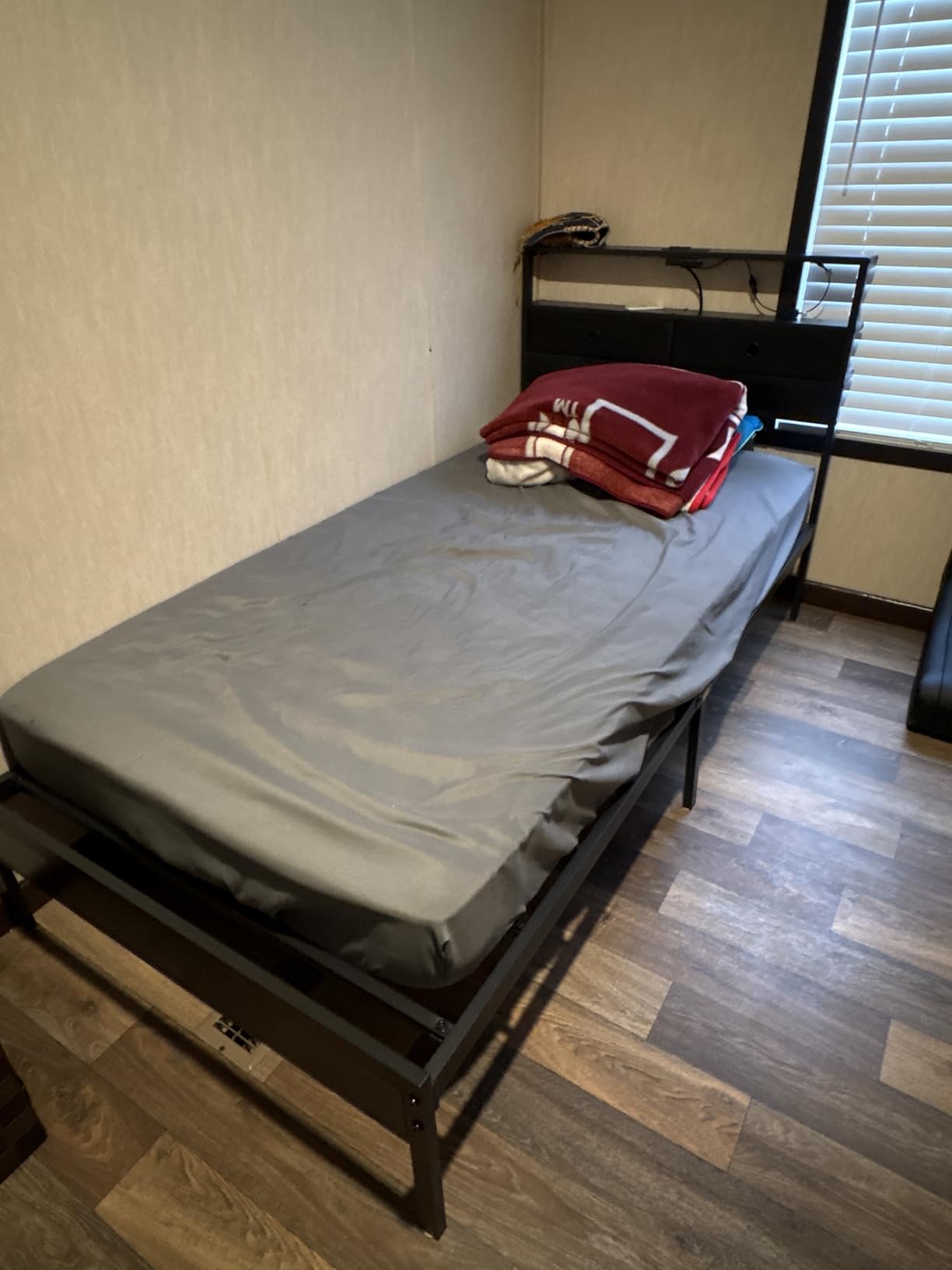 Queen Bed Frames with Storage Drawer, Platform Bed with Charging Station and LED Lights, Upholstered Headboard with 2-Tier Storage Shelves, No Box Spring Needed customer photo 2