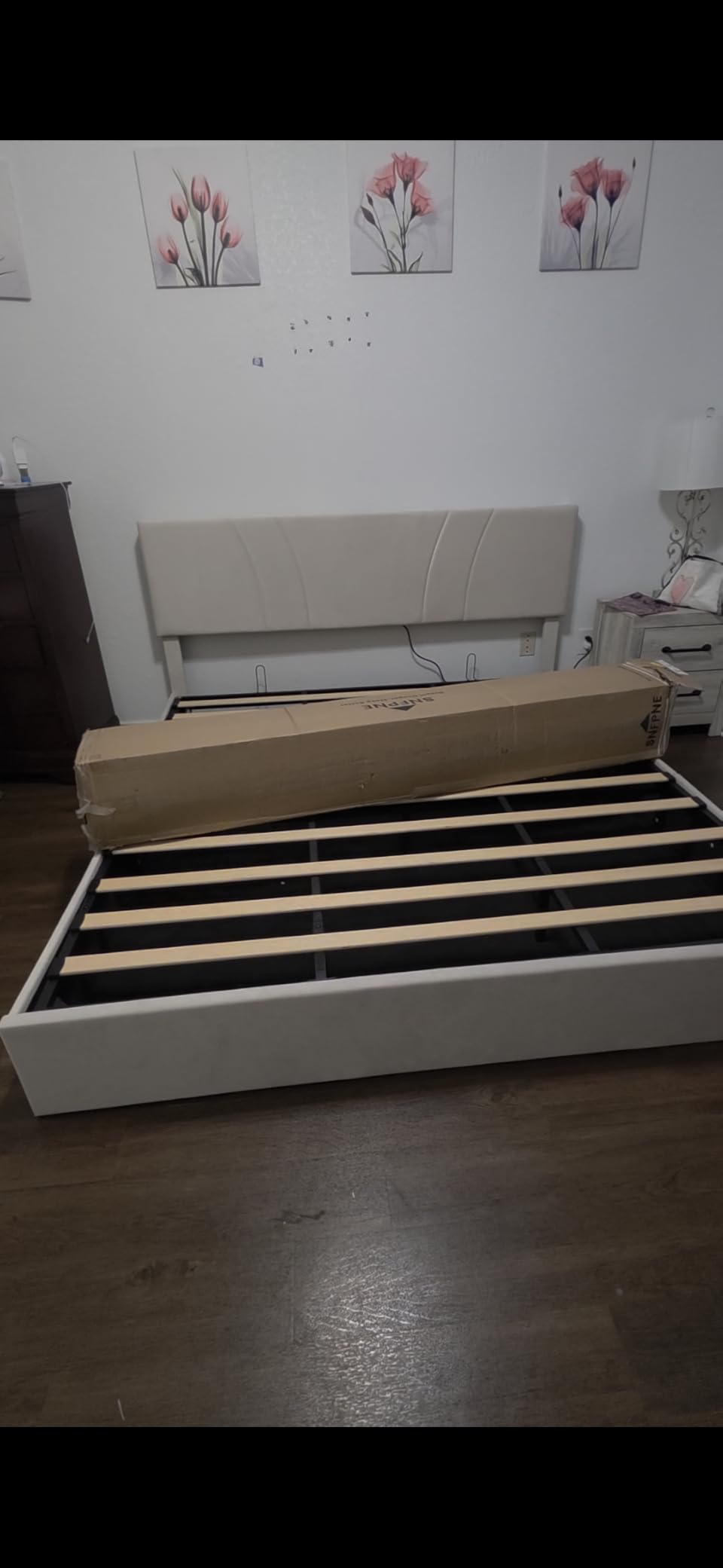 Novilla King Lift Up Storage Bed Frame/Charging Station/LED Light, White | 3-Height Adjustable Upholstered Headboard, Hydraulic Support Bedframe, No Box Spring Needed, Velvet customer photo 1