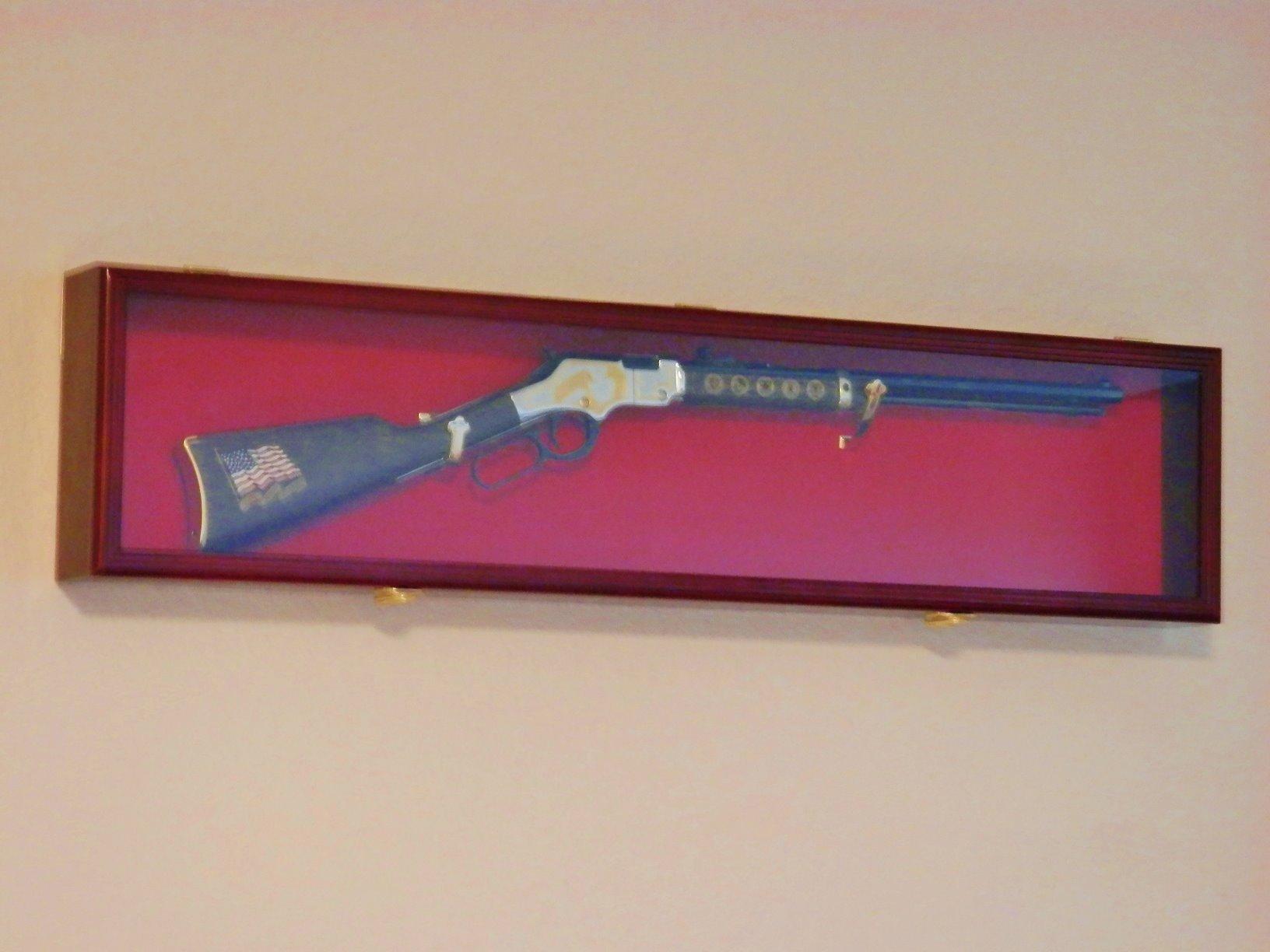 Single Rifle Display Case Wall Rack Cabinet w/UV Protection -Lockable, Walnut customer photo 1
