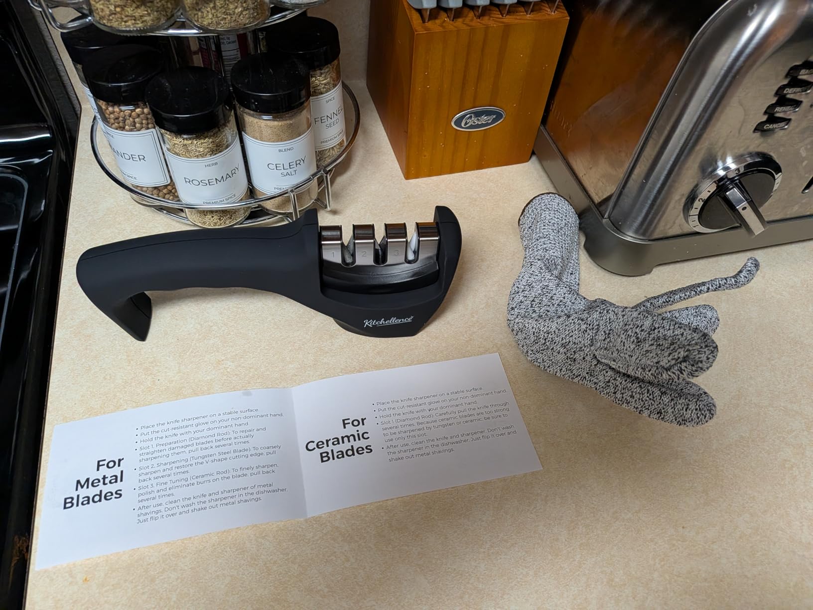 4-in-1 Kitchen Knife Accessories: 3-Stage Knife Sharpener Helps Repair, Restore, Polish Blades and Cut-Resistant Glove (Black) customer photo 1