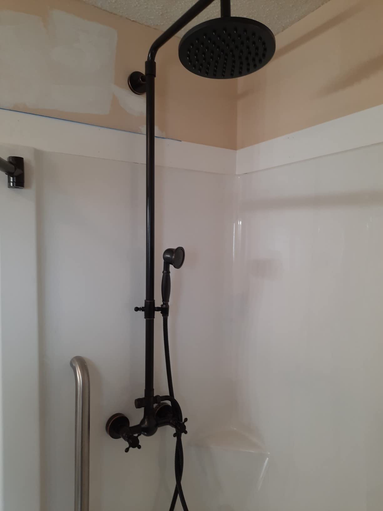 gotonovo Exposed Shower System 8'' Head with Handheld Oil Rubbed Bronze | Brass Exposed Bathroom Shower Faucet Set Fixture, 6'' Hole Distance, 2 Cross Handle, Adjustable Height, Wall Mount Indoor/Outdoor customer photo 1