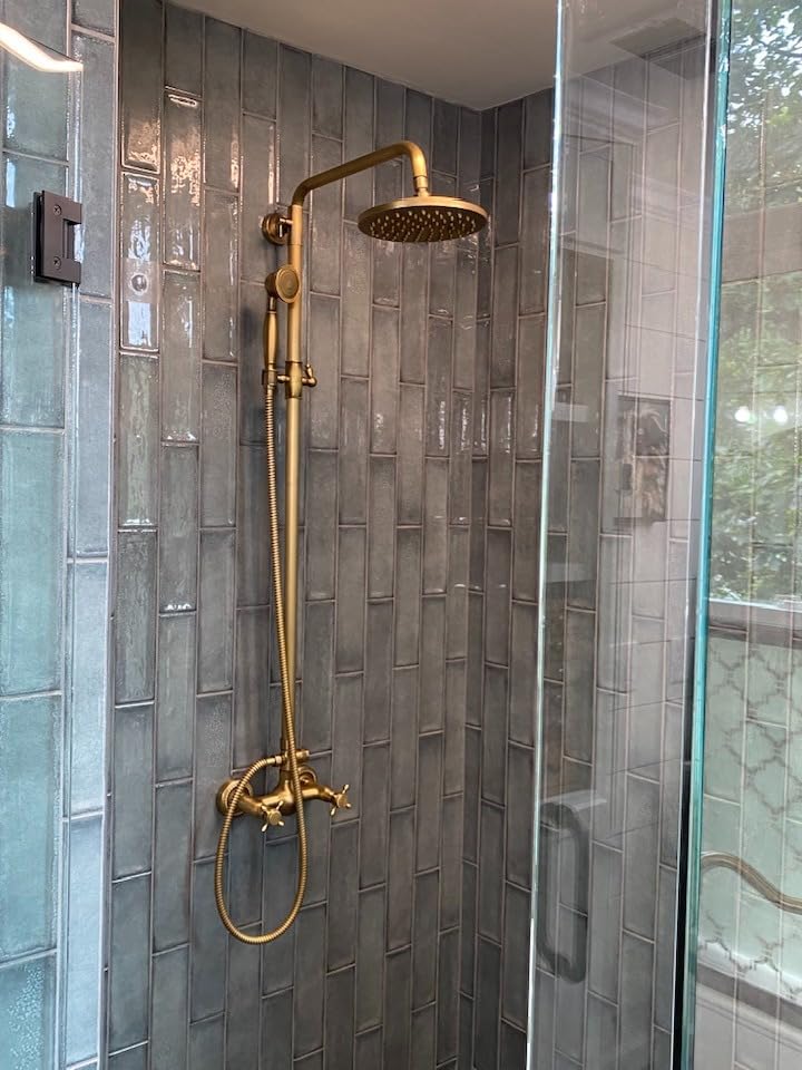 gotonovo Exposed Shower System 8'' Head with Handheld Oil Rubbed Bronze | Brass Exposed Bathroom Shower Faucet Set Fixture, 6'' Hole Distance, 2 Cross Handle, Adjustable Height, Wall Mount Indoor/Outdoor customer photo 2
