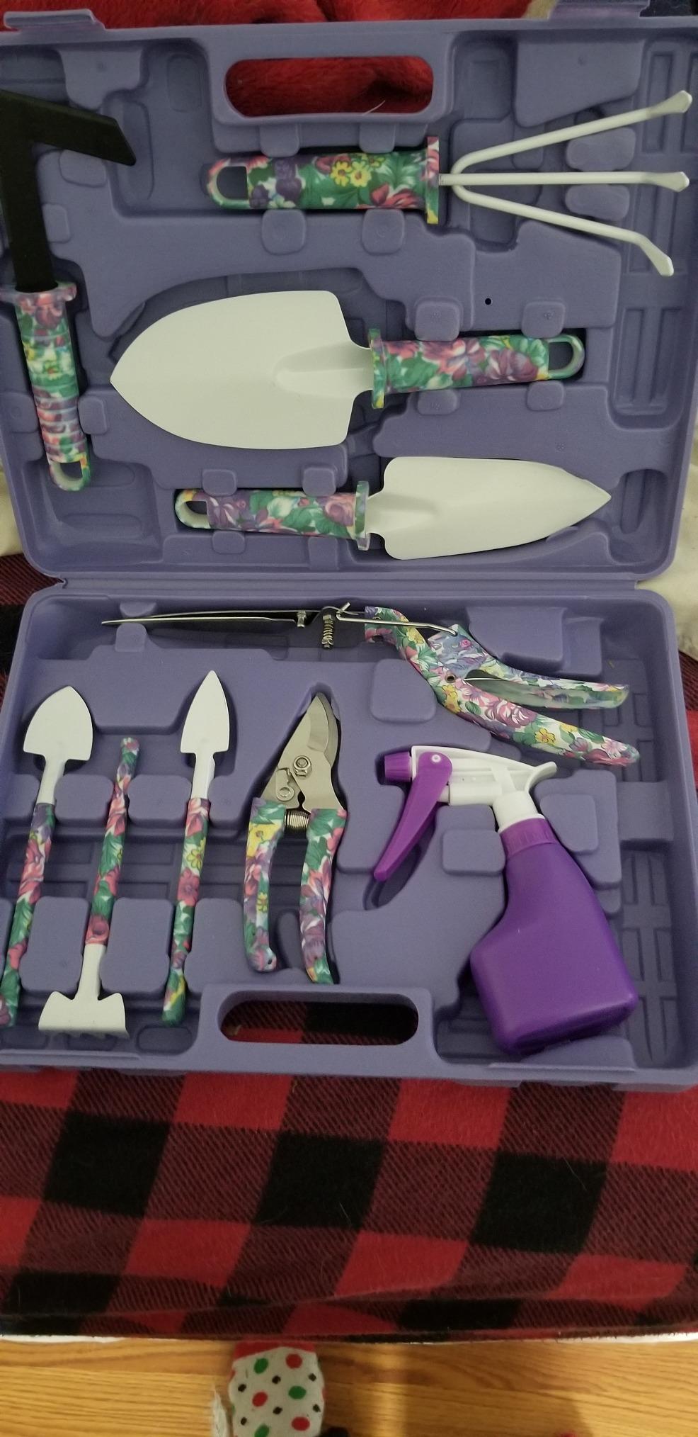 Garden Tools Set, JUMPHIGH 10 Pieces Gardening Tools with Floral Print, Ergonomic Handle Trowel Rake Weeder Pruner Shears Sprayer, Garden Hand Tools with Carrying Case Gardening Gifts for Women Father customer photo 1