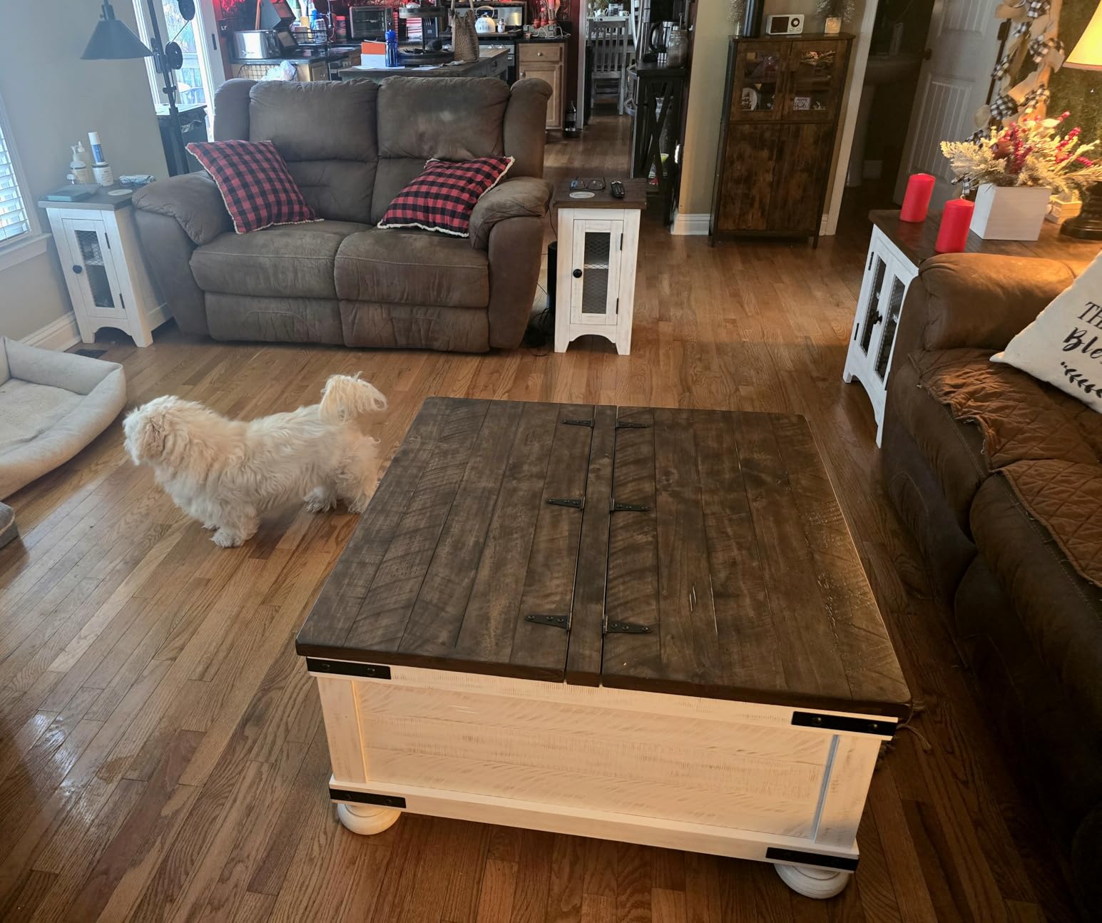 Signature Design by Ashley Wystfield End Table with Storage, White/Brown | Distressed vintage white and natural pine finish, Double metal grill doors, Farmhouse style storage customer photo 2