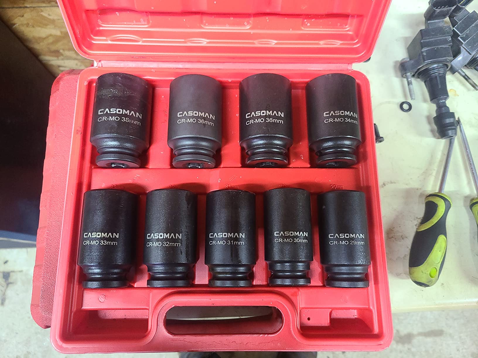CASOMAN large socket set 1/2-Inch Drive Deep Spindle Axle Nut Impact Socket Set, 6 Point, CR-MO, Metric, 29mm-38mm, 9-Piece 1/2