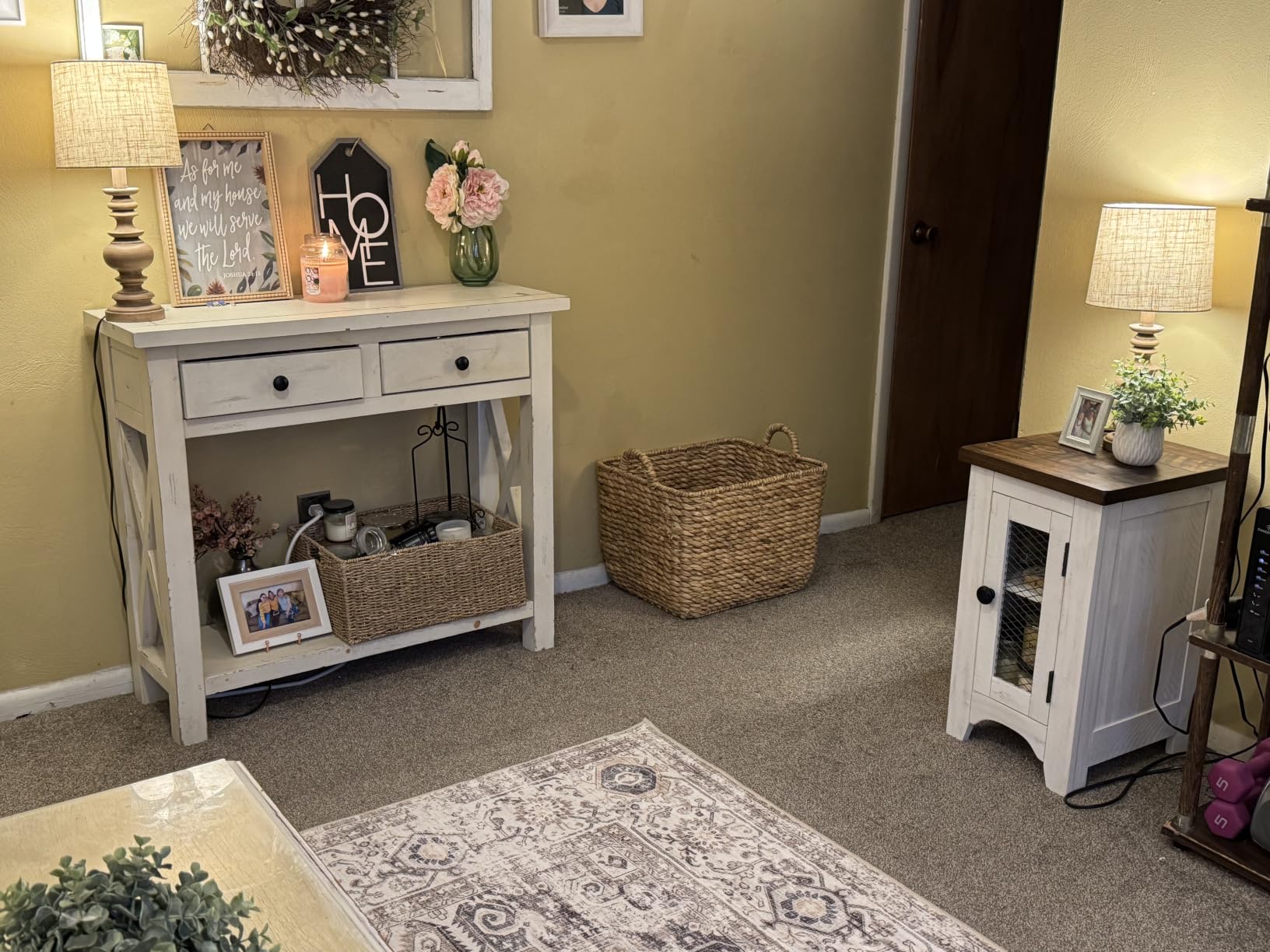 Signature Design by Ashley Valebeck Chairside End Table with Storage | Two-tone distressed pine wood, Single wire mesh door, Adjustable center shelf, Narrow storage cabinet, Black and light brown customer photo 1