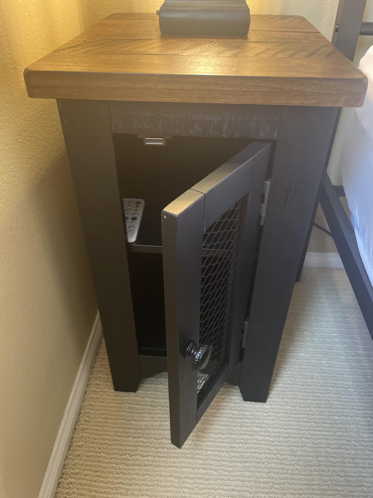 Signature Design by Ashley Valebeck Chairside End Table with Storage | Two-tone distressed pine wood, Single wire mesh door, Adjustable center shelf, Narrow storage cabinet, Black and light brown customer photo 2