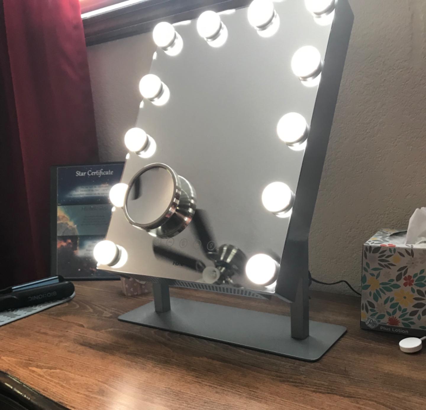 iHome Hollywood Vanity Mirror PRO with Built in Bluetooth, Voice Control, USB Input and Speaker – 16” x 12” LED Makeup Mirror with Adjustable Lights and Detachable 10x Detail Mirror customer photo 2