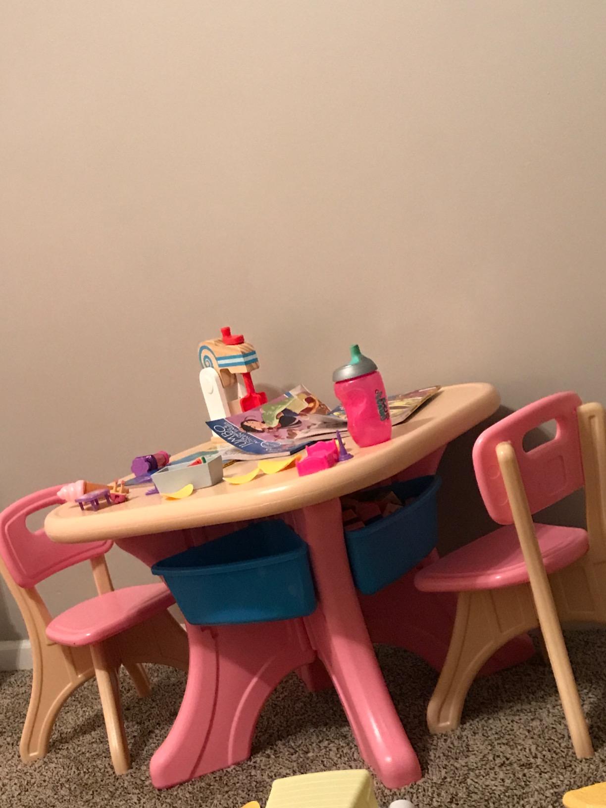 Costzon Kids Table and Chairs, 3 PCS Activity Desk Set w/ 4 Detachable Storage Bins for Indoor Outdoor Play Art Crafts Picnic Patio, Lightweight Toddler Table and Chair Set (Coffee & Blue) customer photo 1