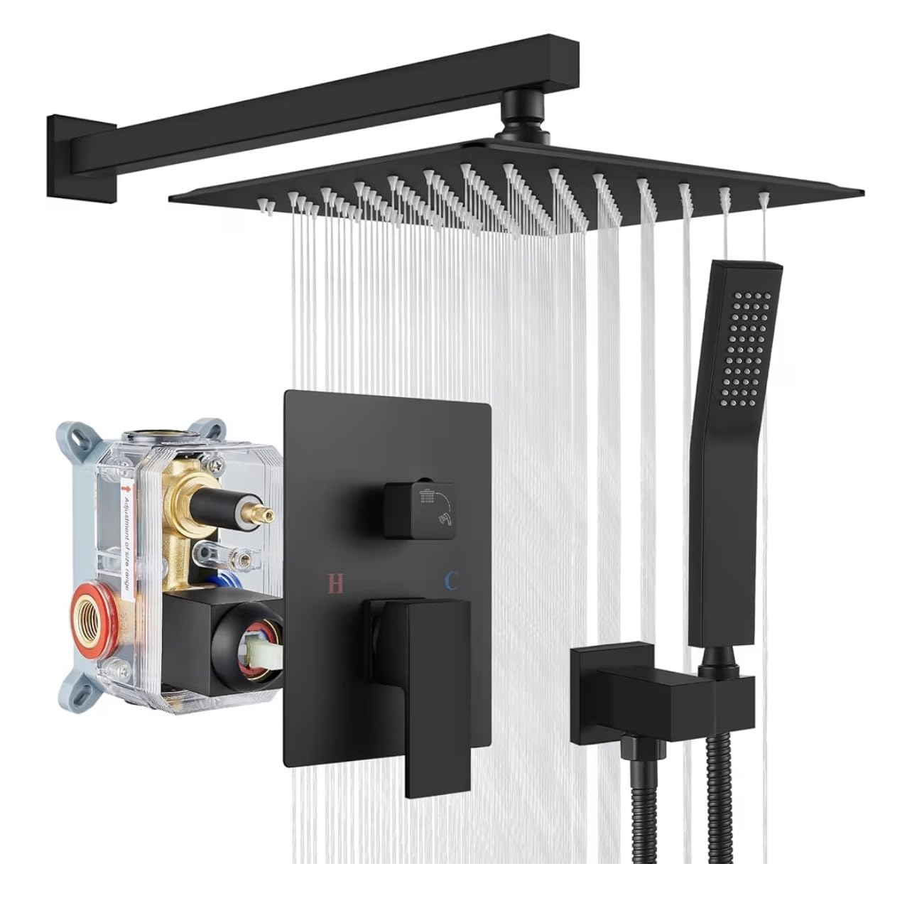 gotonovo Shower Faucet Set with Handheld Spray Matte Black, 12'' Head | SUS304 Rainfall Shower Head and Handle Set System Fixture, Pressure Balance Valve Trim Kit, Single Handle, Wall Mount, All Metal customer photo 2